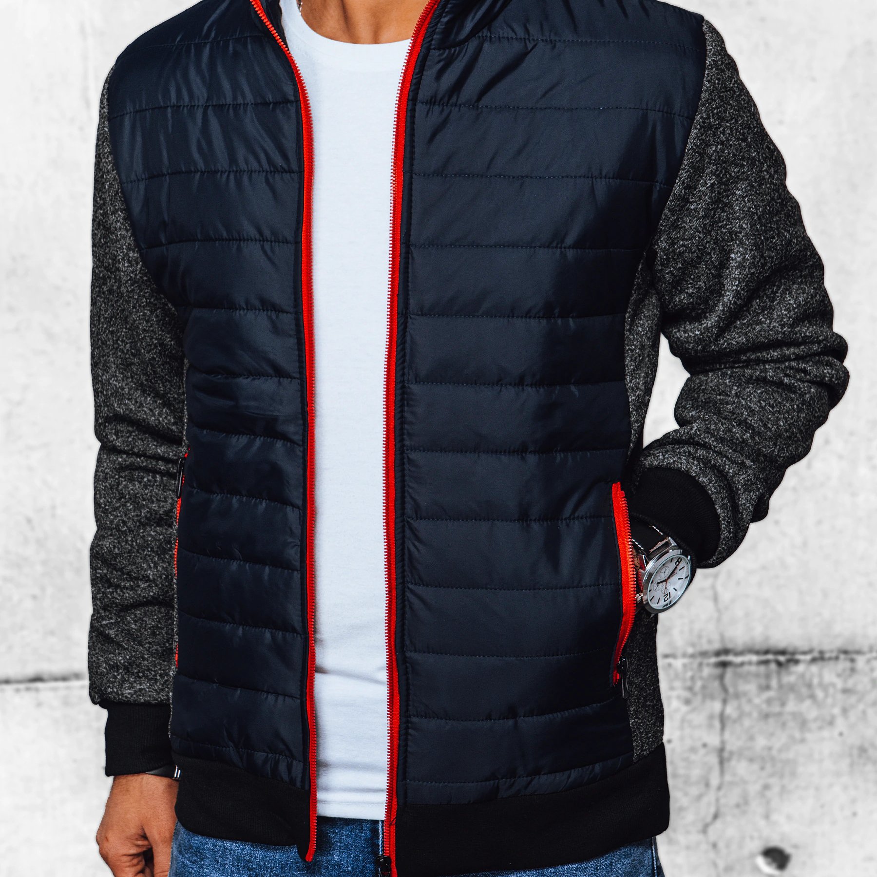Image of Men's Without A Hood - Navy Blue And Black, Lightweight Jacket With A Collar, Zip-up, With Lining And Cuffs, Casual Jacket With 2 Pockets, Ideal For Spring And Autumn, 4397