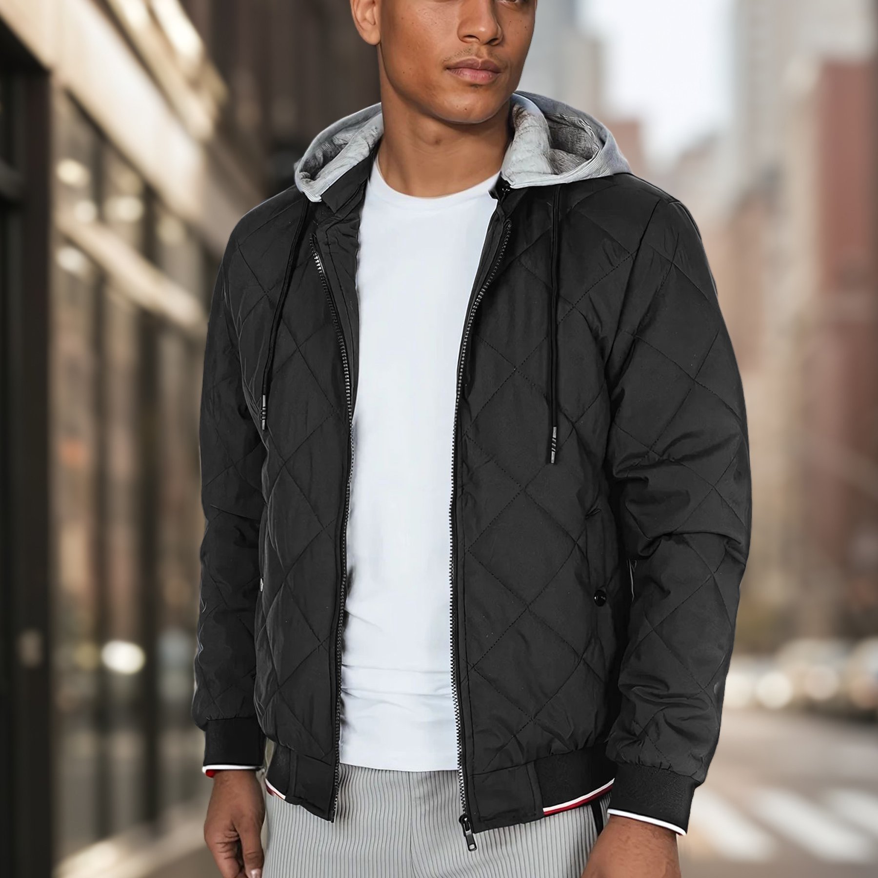 Image of Men's Black, Quilted, , Sporty Style, Zip-up, Detachable Hood With Adjustment, 3 Pockets, Lightweight Filling, Stylish For Spring And Autumn, Cuffs, Casual Cut, 5010