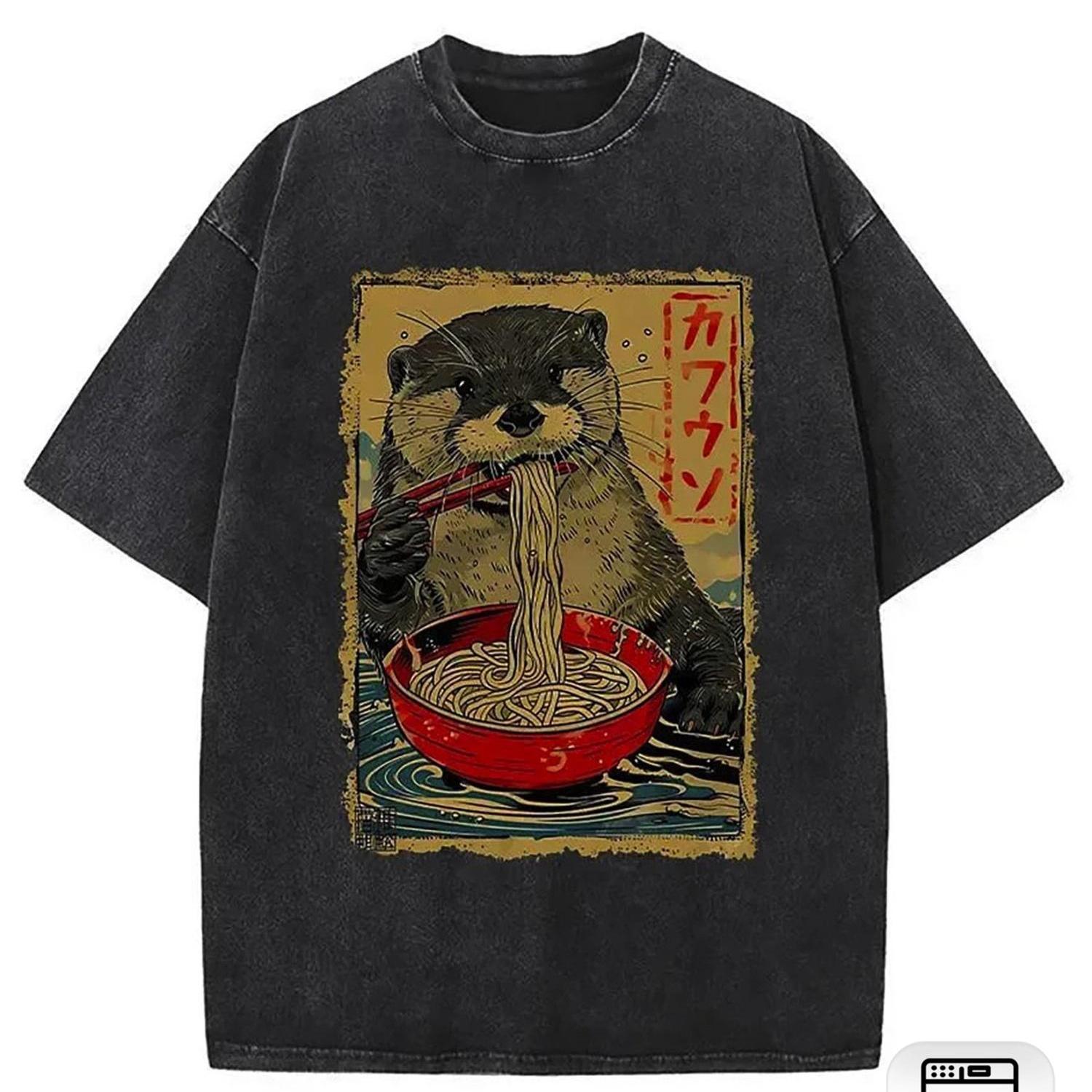 TEMU 1 pieza, 230g de algodón , estampado de animales Ramen, vintage, cuello holgado, manga corta, top casual para todas , opción de regalo para las
