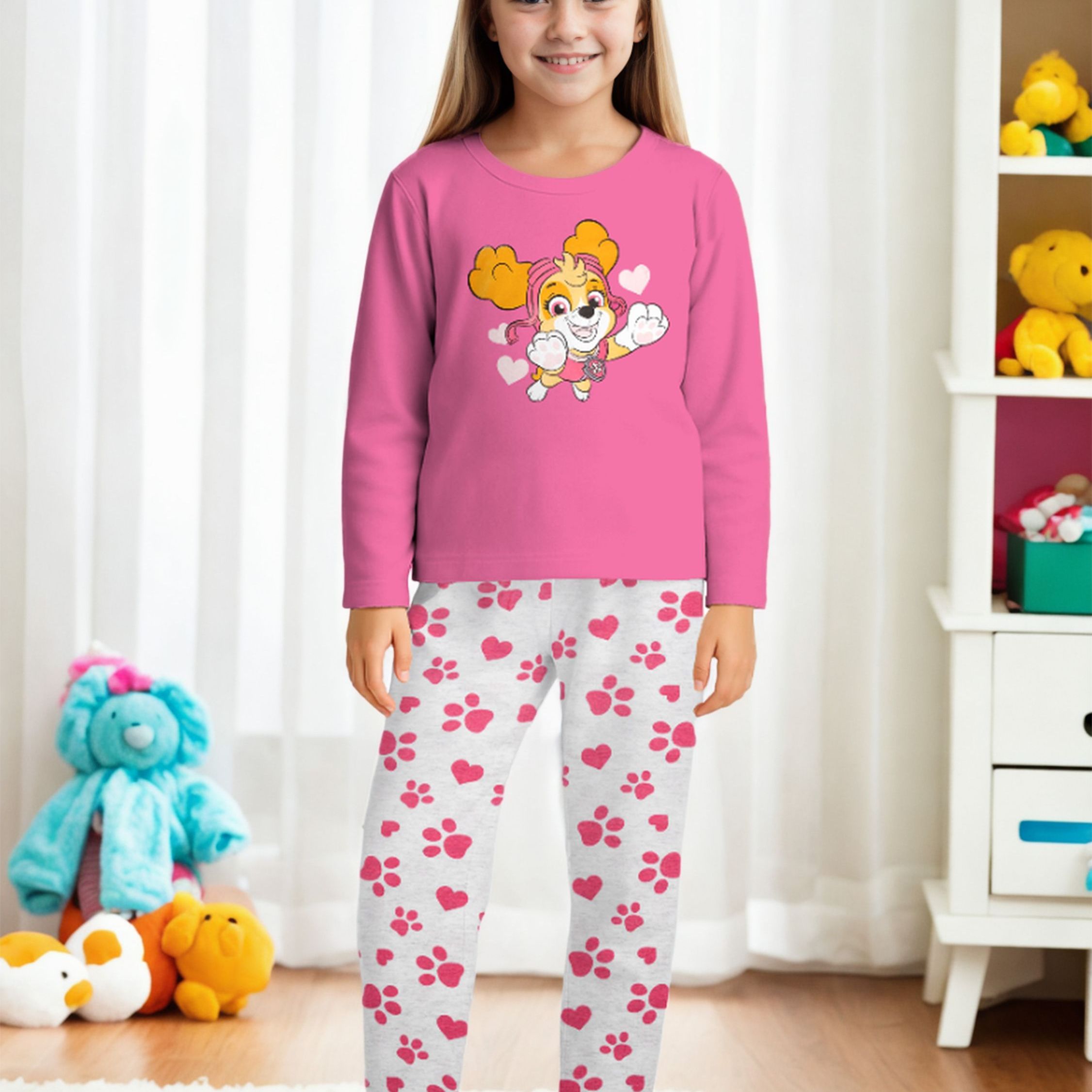 Image of Pajamas For Girls - Paws Kids Long Sleeve Top And Pants Set Pink/gray