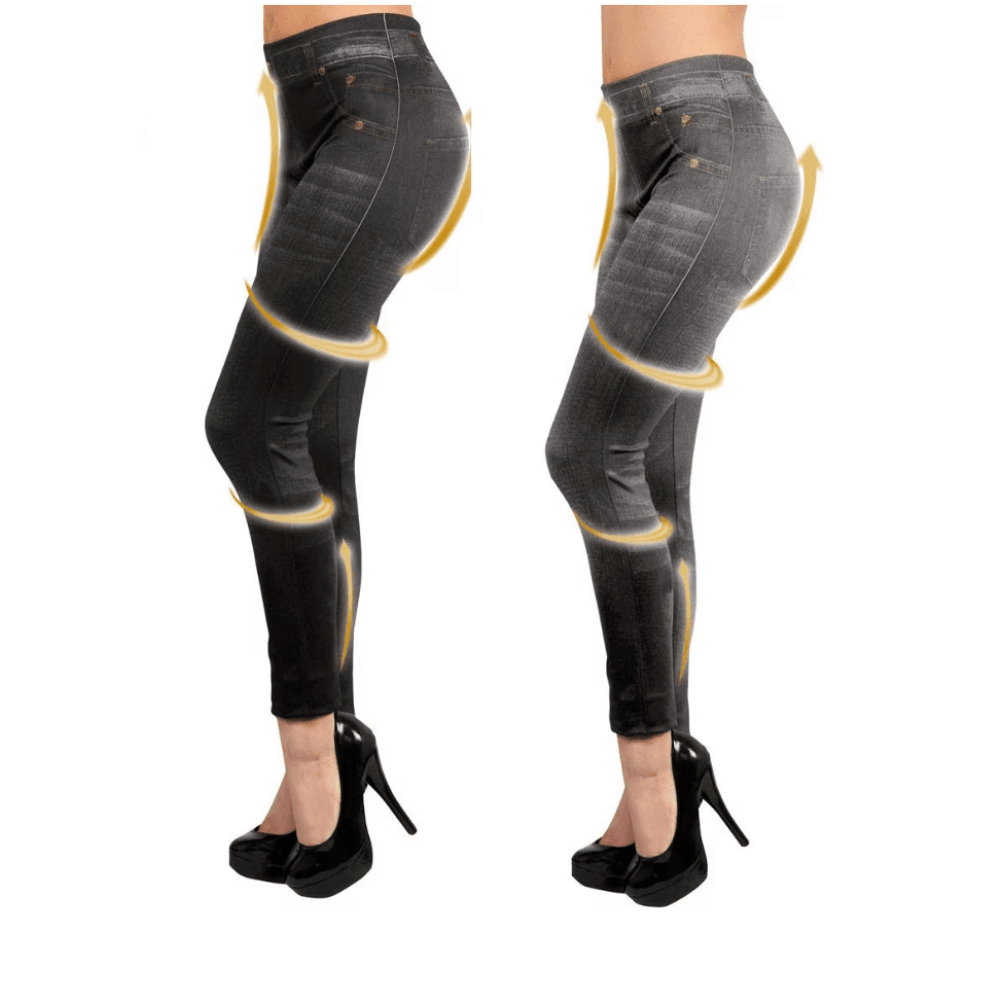 Image of Pack 2 Elastic Leggings Jeans Style Cowboy Jeggings Blue + Black Or Grey + Fit