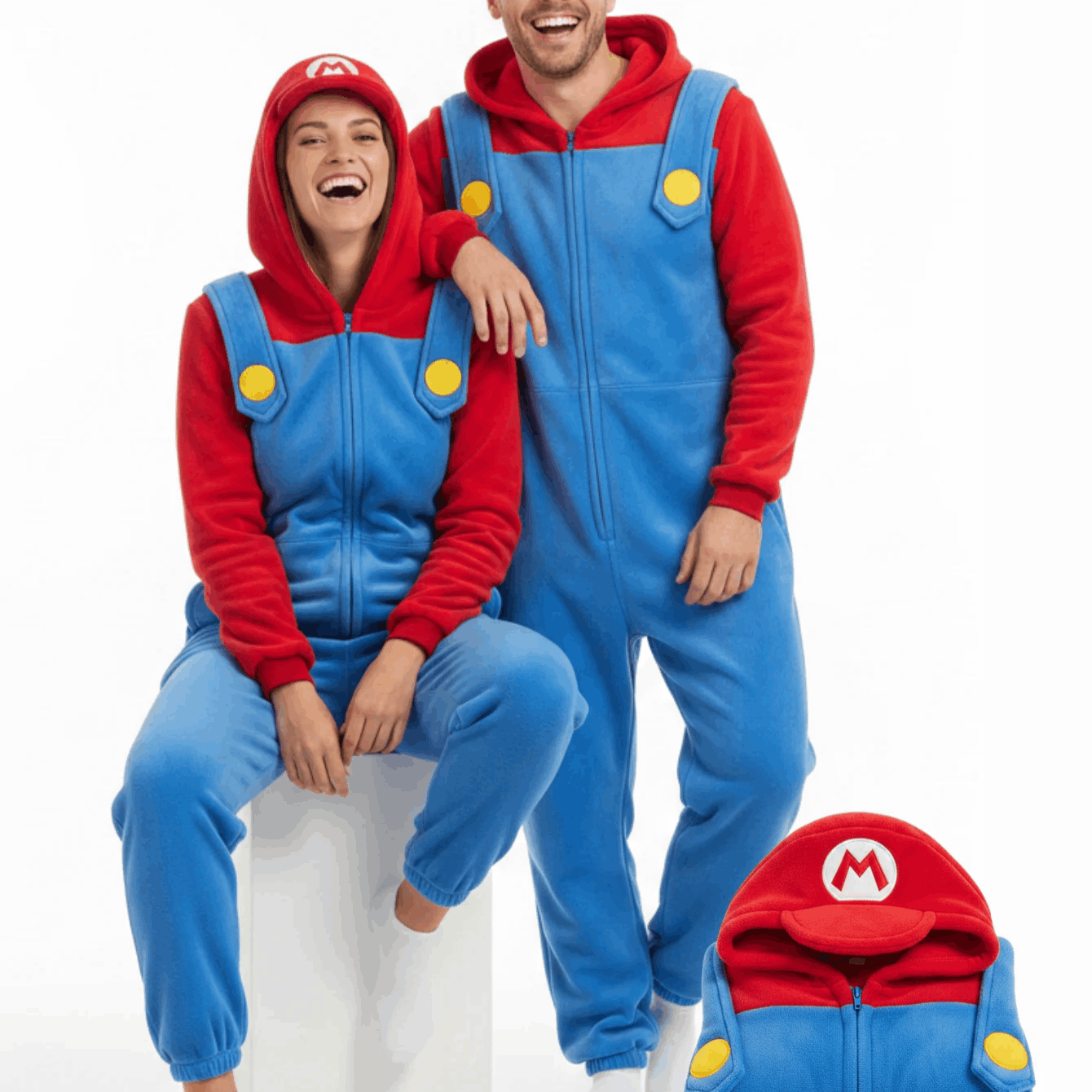 Image of Onesie Super Mario Cosplay Plush Pajamas With Hood And Pockets, Unisex Adults, Autumn Winter, S-xxl (155-195cm) Nerd Hunters