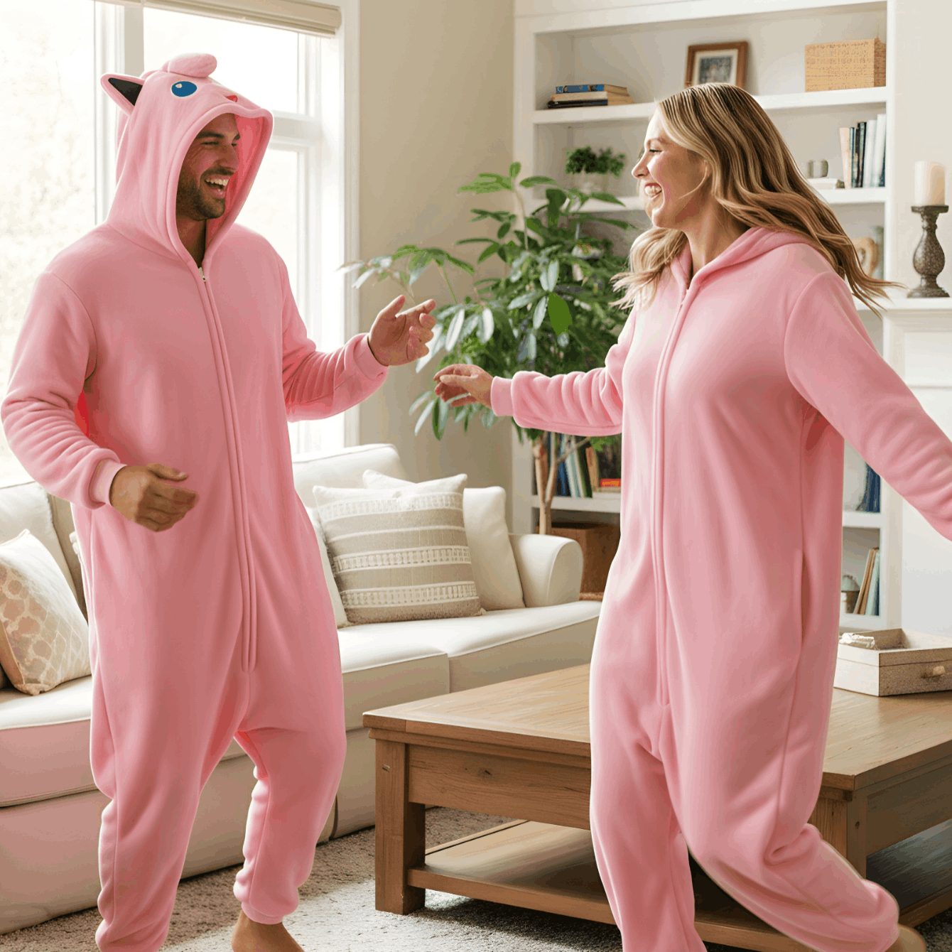 Image of Plush Pajama Costume - Pink With Hood And Pockets, Nerd Hunters, 100% Polyester, Fall And Winter, Casual, Party, And Everyday Wear, S - Xxl (145 - 195 Cm)
