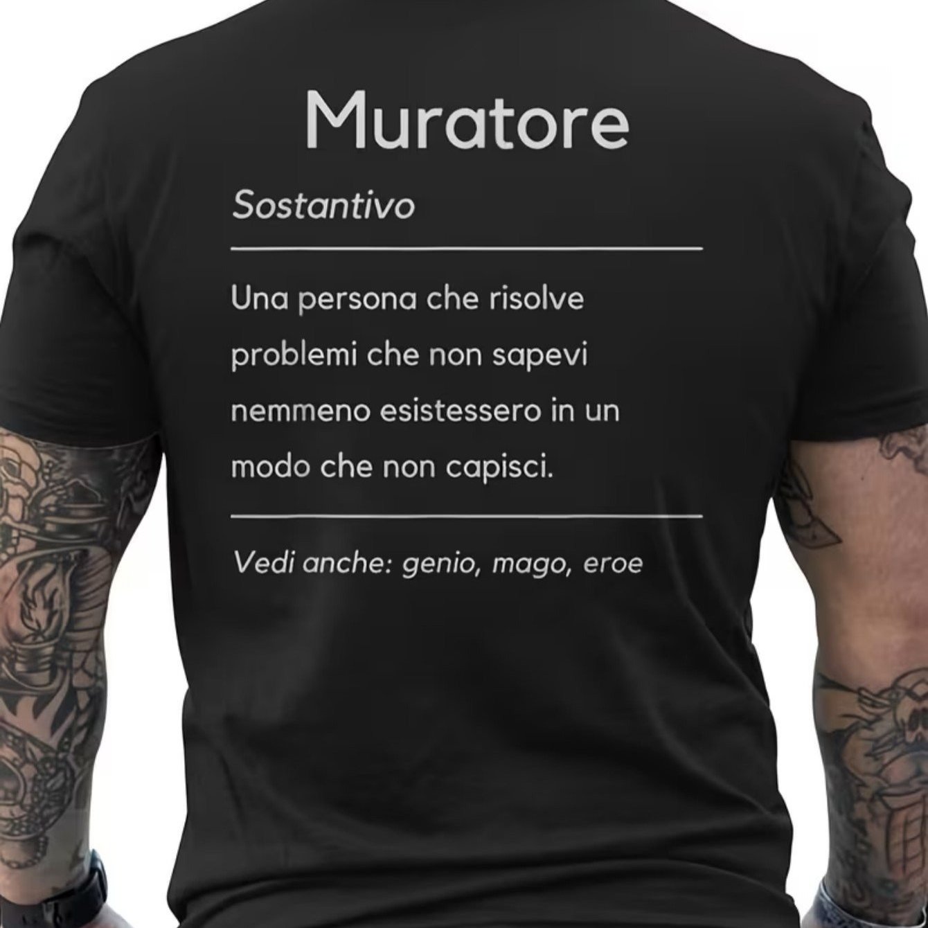 TEMU Funny Italian Humor Men's T-shirt By Builder - Gift For Construction Workers With Italian Slang Print On The Back, Casual Black Short-sleeved
