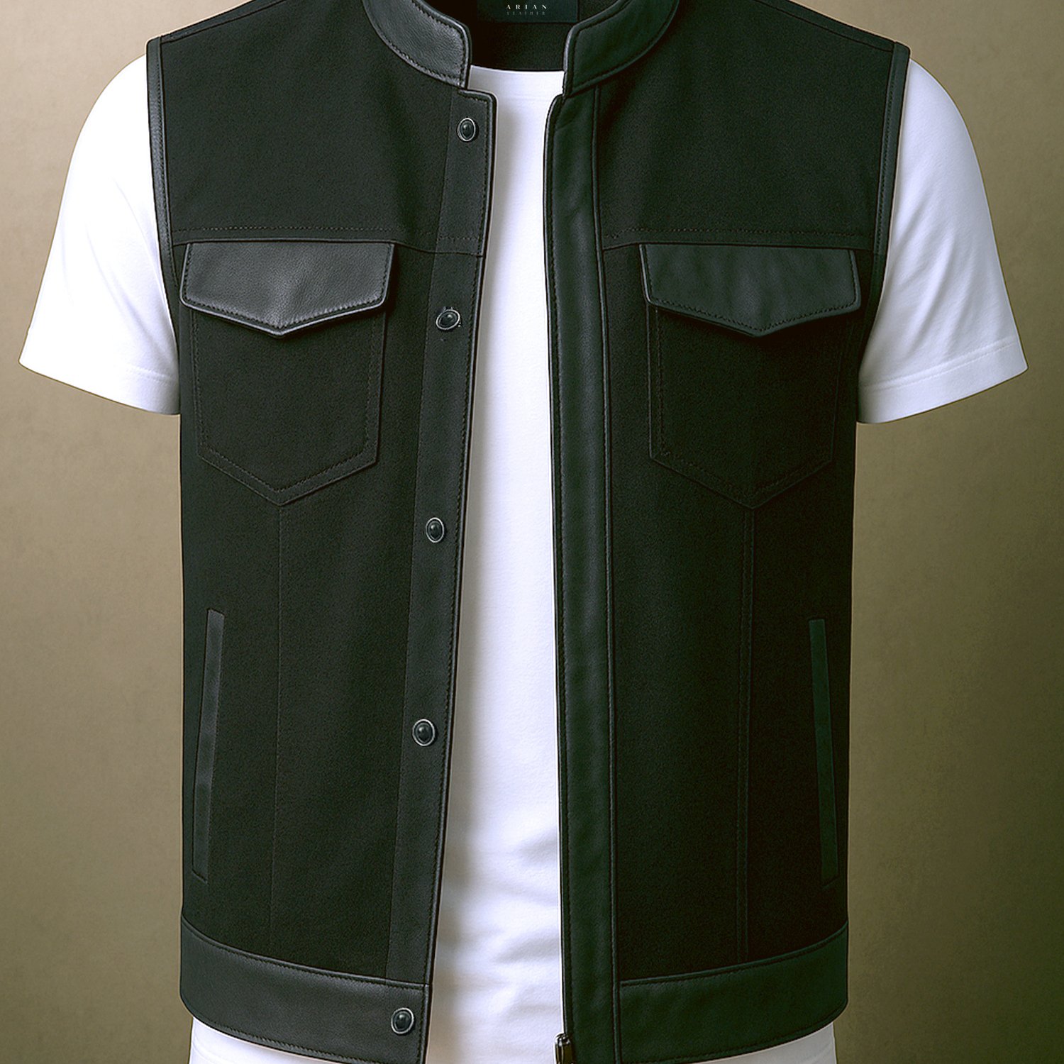 Image of Men's Soa Denim Vest With Genuine Leather Trim – Motorcycle | Riding Vest With Leather Panels On Zipper & Pockets | Leather