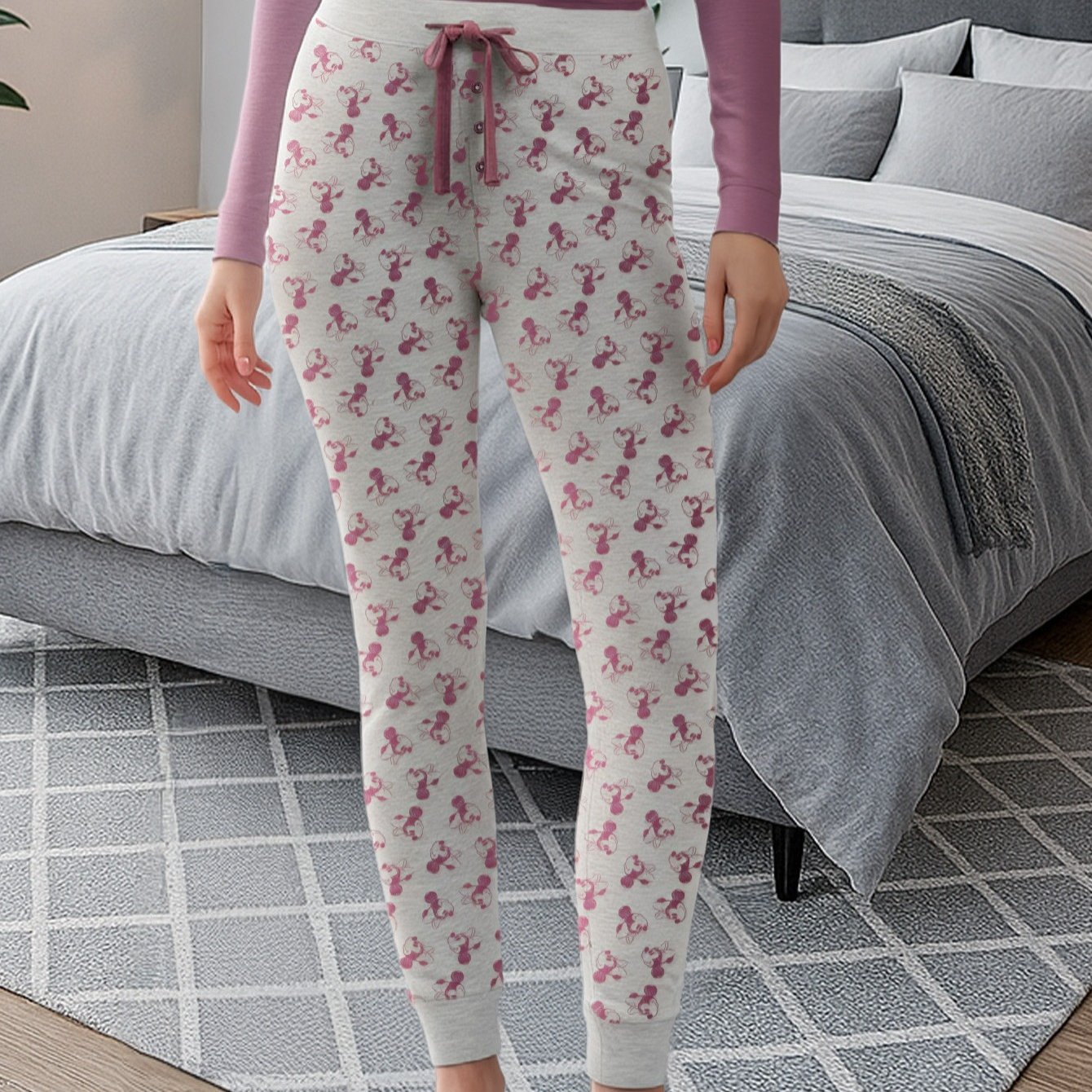 Mouse Pyjama Trousers For Women - Long Grey Sleep Trousers Print