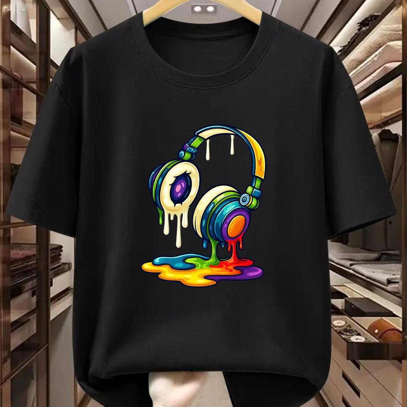 TEMU Camiseta de Hombre Talla Grande 100% Algodón con de Auriculares - Camiseta Casual de Manga Corta y Cuello , Cómoda y Transpirable con Diseño de