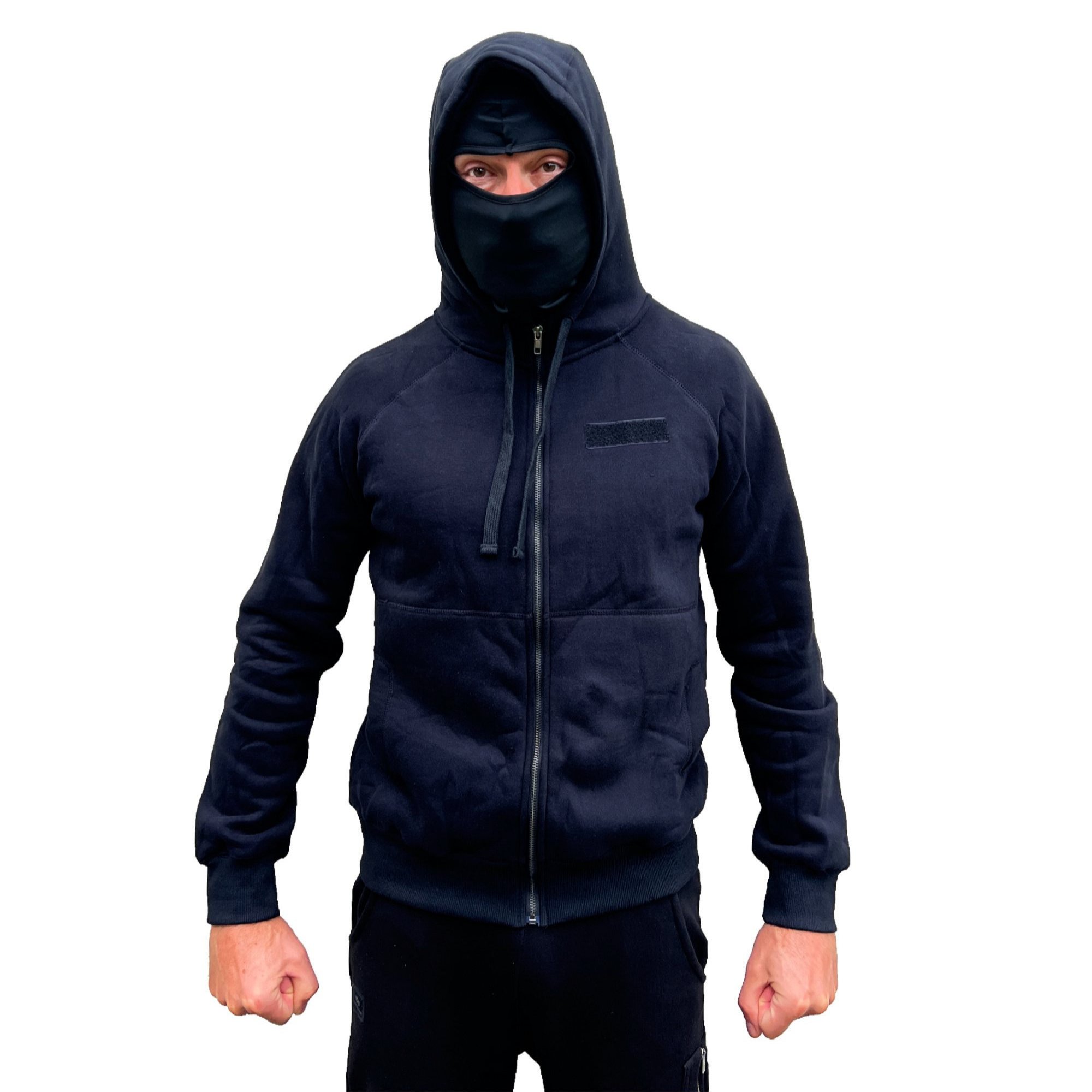 Image of Hooded Jacket With Detachable Balaclava In Black For Men - Zip Hoodie Pullover With Balaclava Mask For , Bikers, Soccer, Paintball, Security - Black