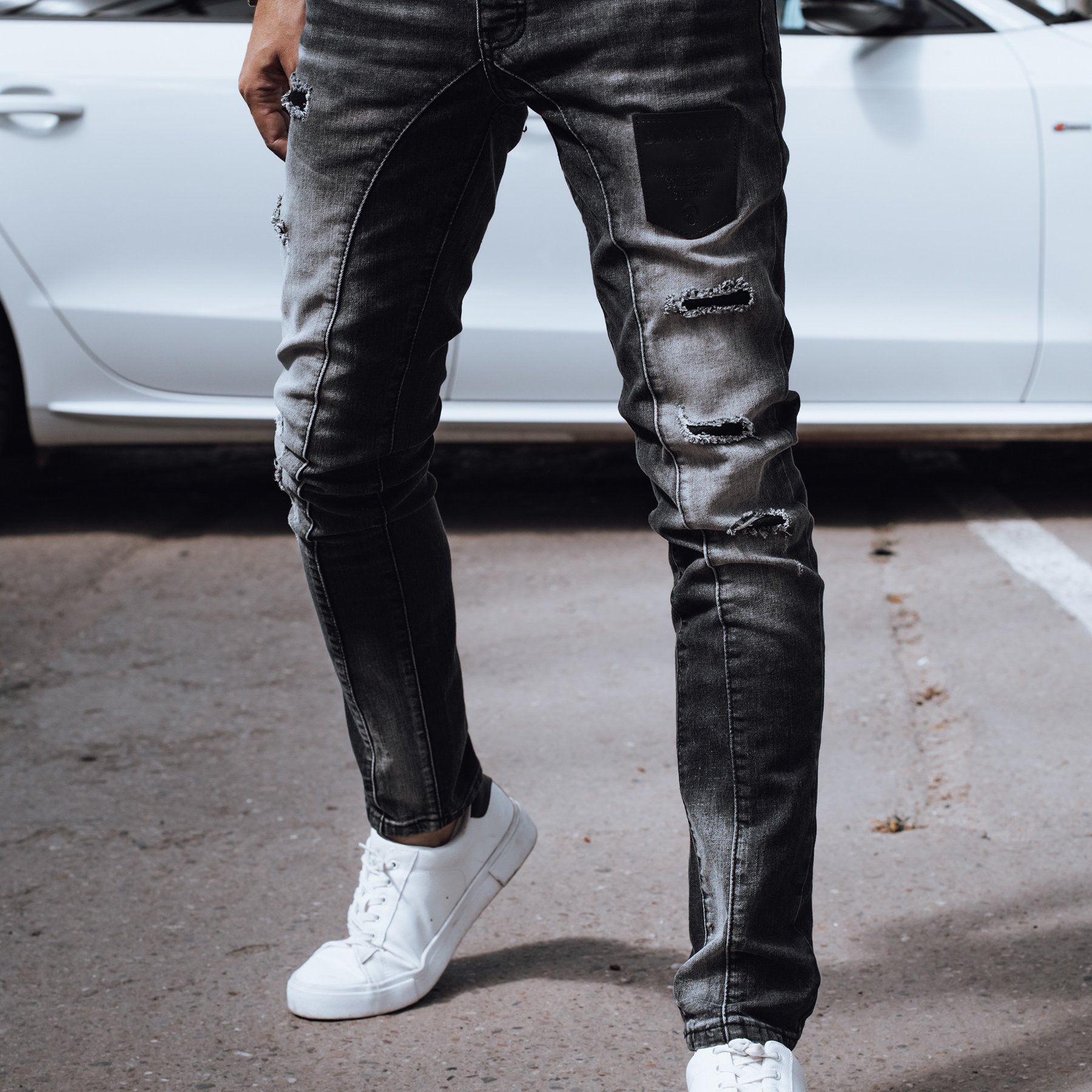 Image of Men's Slim Fit Jeans With Frayed And Embroidery, Fashionable Denim Pants With 5 Pockets, Comfortable Everyday Fit, Elastic Material Withand Polyester, Casual Streetwear-style Pants, 4298