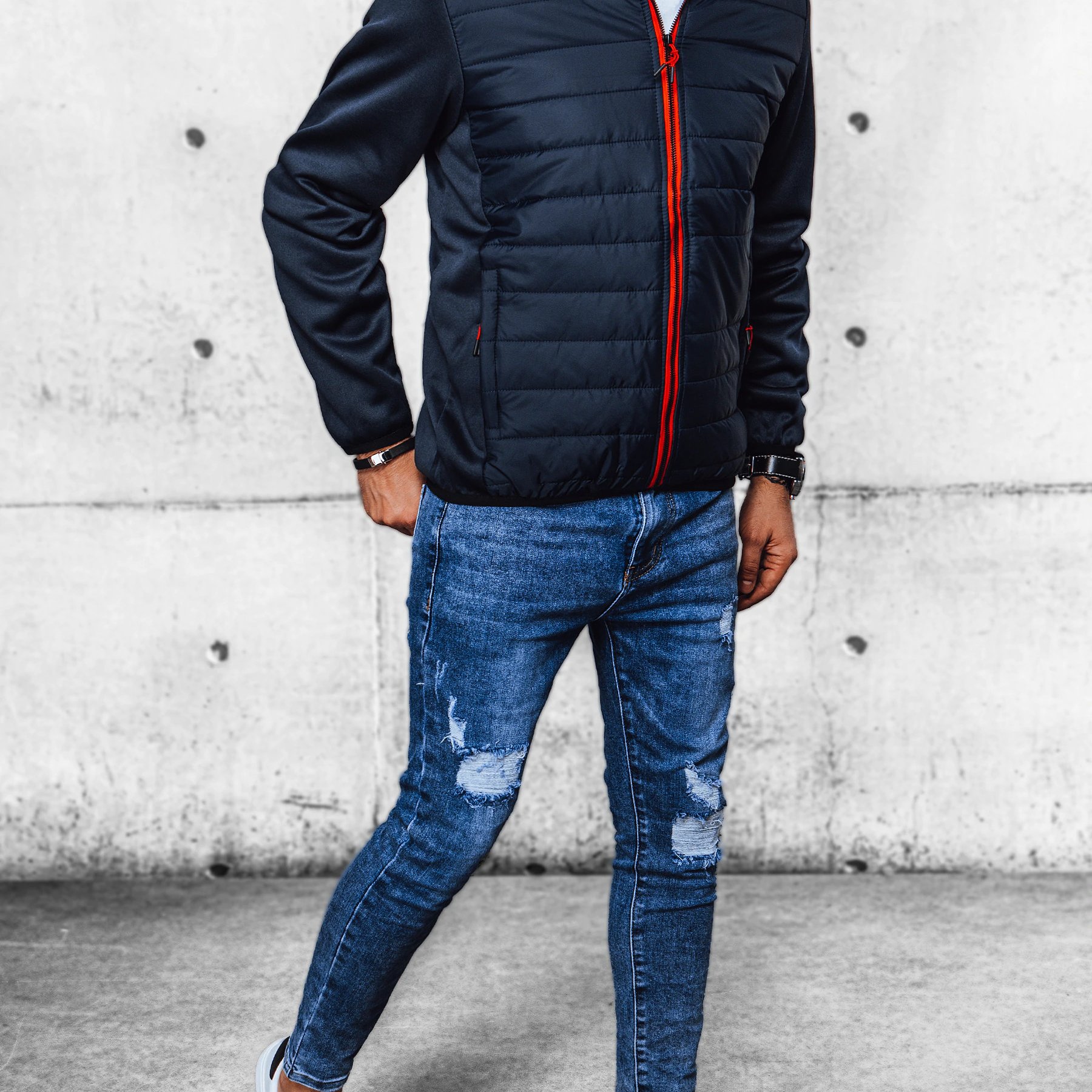 Men's Jacket With A Hood - Black-gray, Sporty Style, With Elastic Cuffs, Zip Fastener, Contrasting Details, Sleeves Made Of Fabric, Lightweight Everyday Spring Or Autumn Jacket With Pockets, 4402.