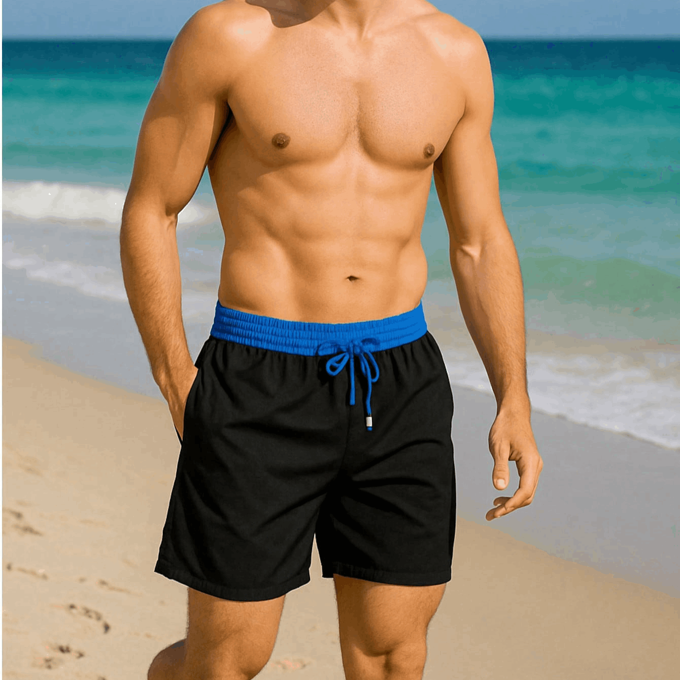 Men's Black Beach Shorts With Contrast Waistband, Quick-drying, With Pockets And Mesh, Perfect For And Pools