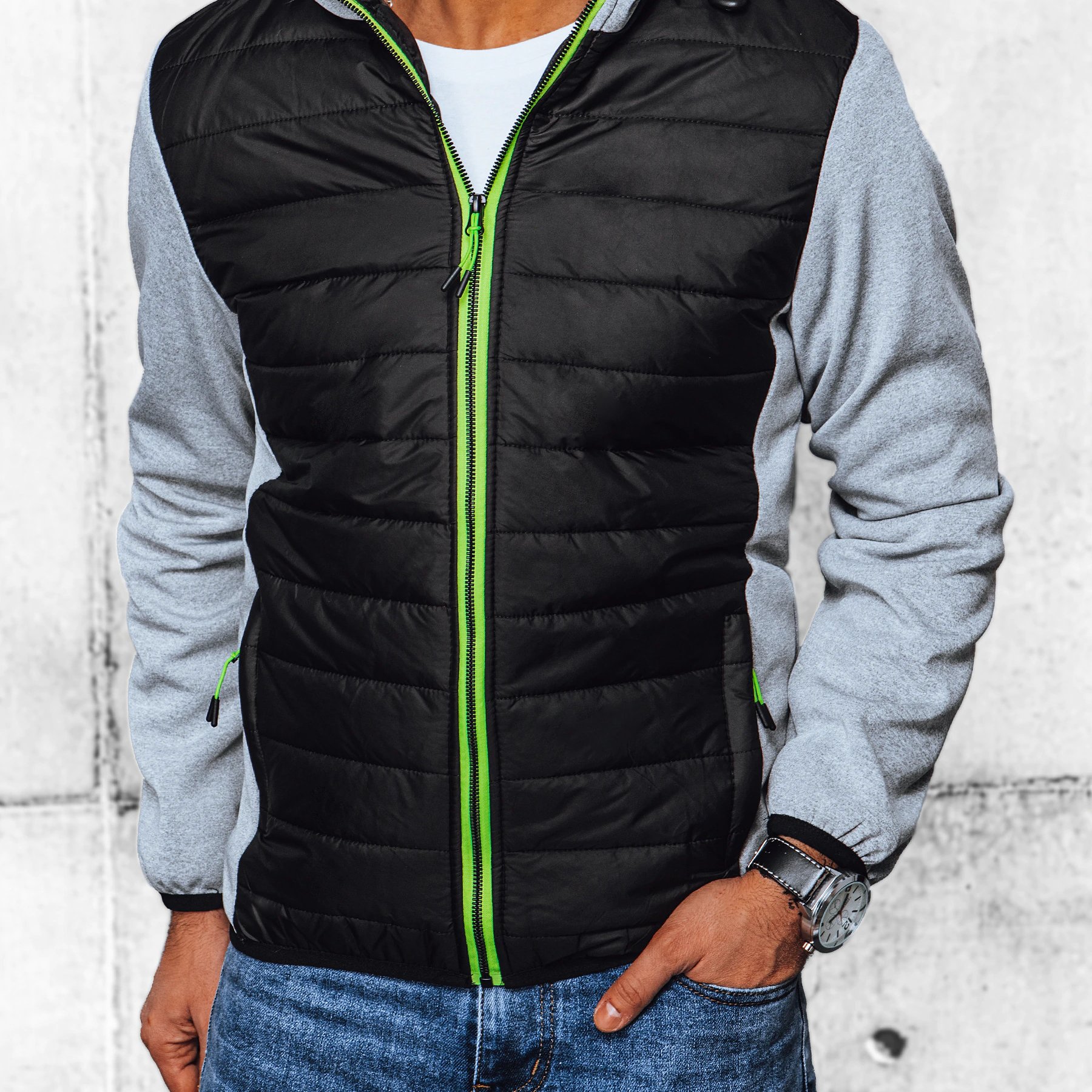 Image of Men's Jacket With A Hood - Black-gray, Sporty Style, With Elastic Cuffs, Zip Fastener, Contrasting Details, Sleeves Made Of Fabric, Lightweight Everyday Spring Or Autumn Jacket With Pockets, 4402.