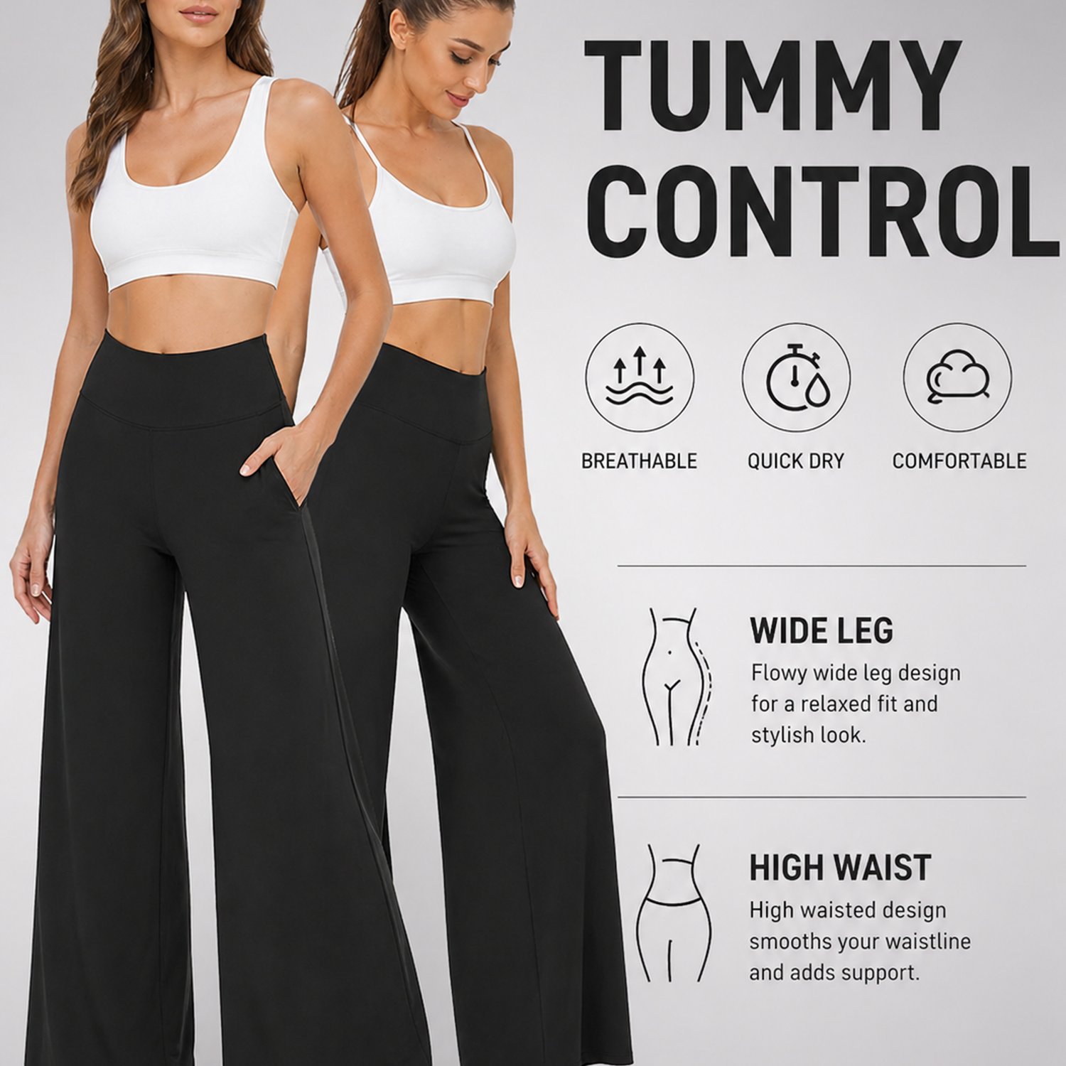 2-pack Women's Stretch Straight-leg Pants, Elegant Women's Clothing, High Waist Tummy Control Pants. Baggy Casual Pants For Travel, Work, Office - Women's Yoga Pants