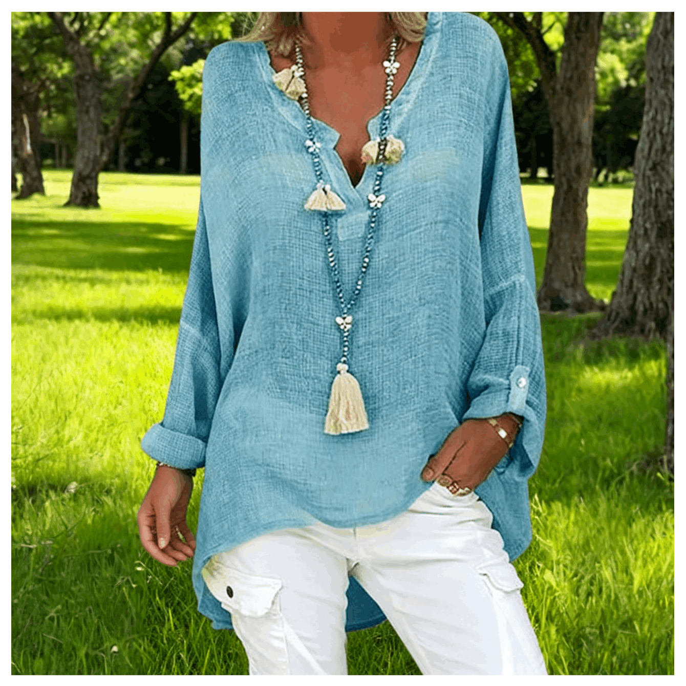 Image of Women's Linen Tunic Summer Long-sleeved Blouse – Casual Top With Floral Print For Everyday & Vacation
