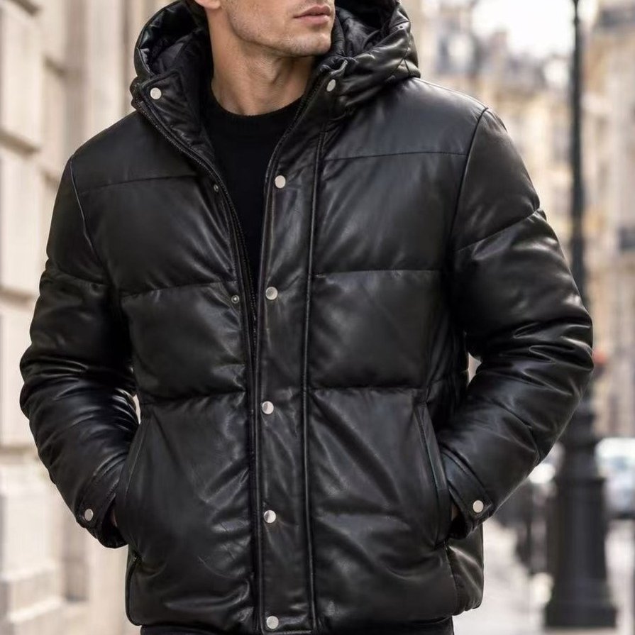 Image of Men's Black Jacket With A Hood, Fastened With A Zipper And Snap Buttons