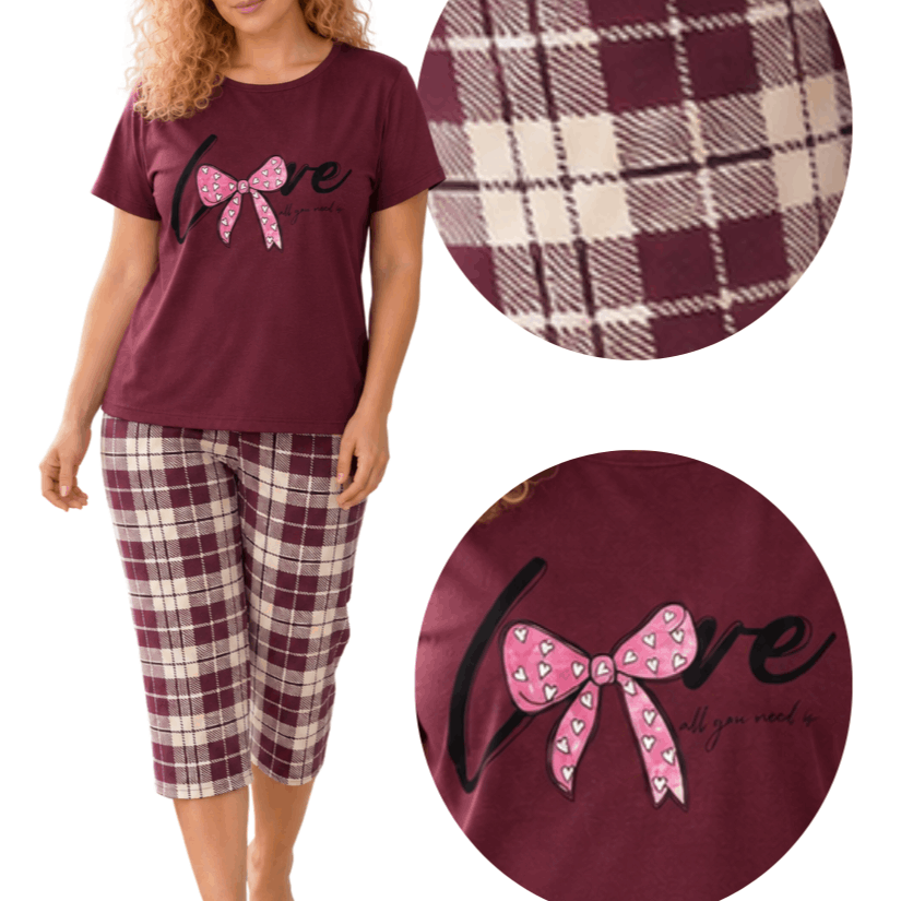Image of Women's 100% Pajamas In Burgundy Color With 'love' And Decorative Bow Tie. /4 Pants Set Guarantees And Of Movement. Pleasant To The Skin And Provides . Is In 3 Color Variants And Many Sizes.
