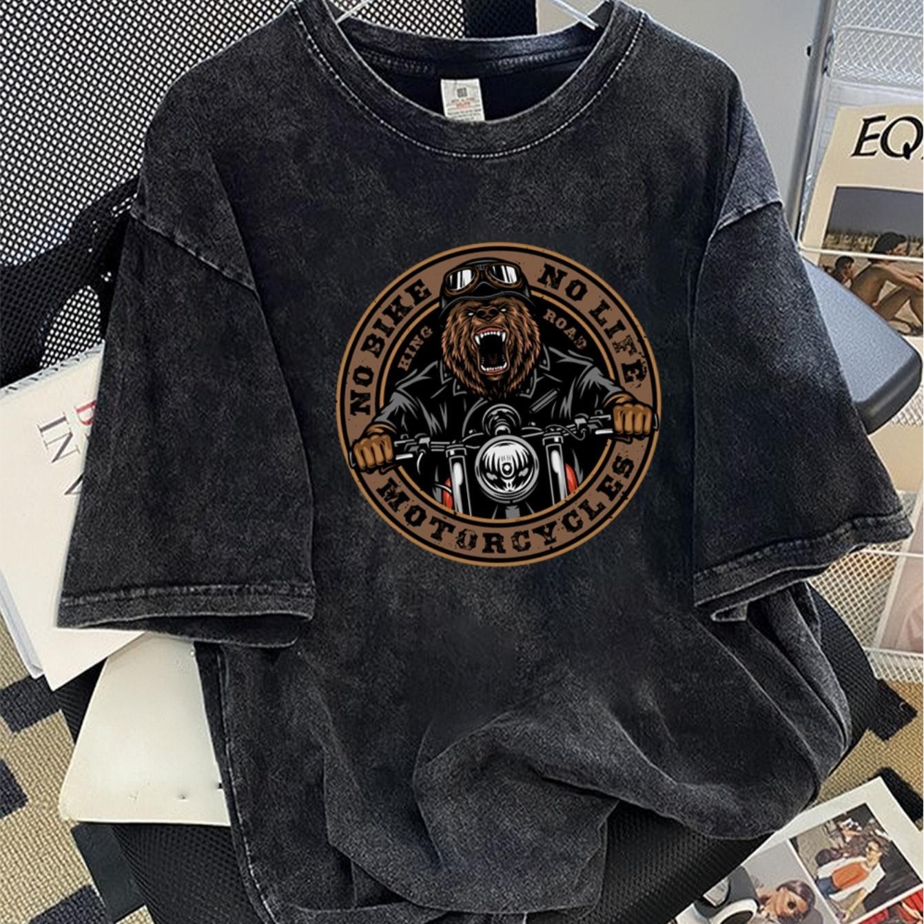 TEMU Camiseta extragrande de 230 g/m² de gramaje 100 % - Estampado de motocicleta negro y dorado de inspiración vintage (diseño de motocicleta) -