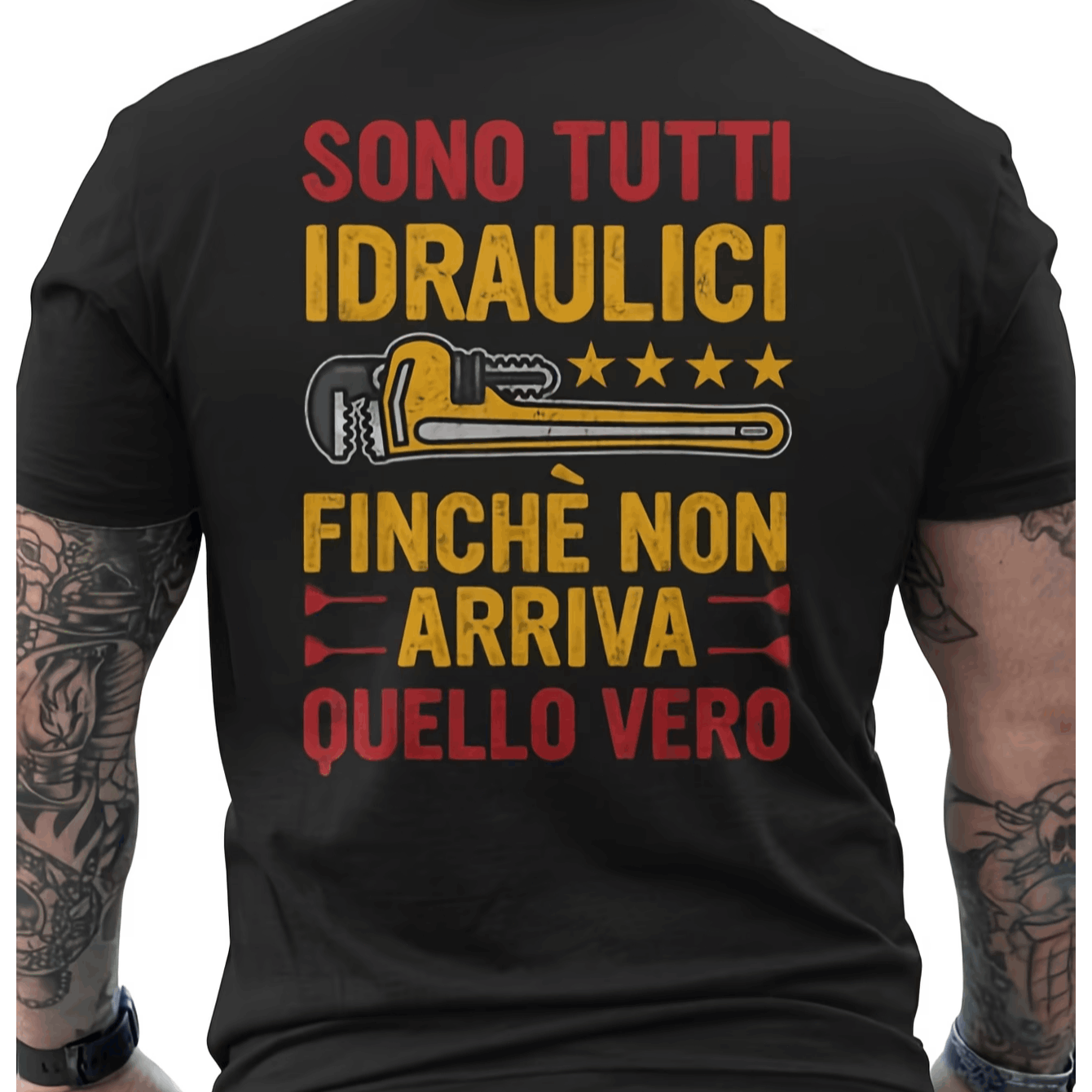 TEMU Funny Plumber Slogan Men's T-shirt - Italian/english Back Print " Tutti Idraulici/ All Plumbers" With Wrench Graphic - Black Short Sleeve Casual