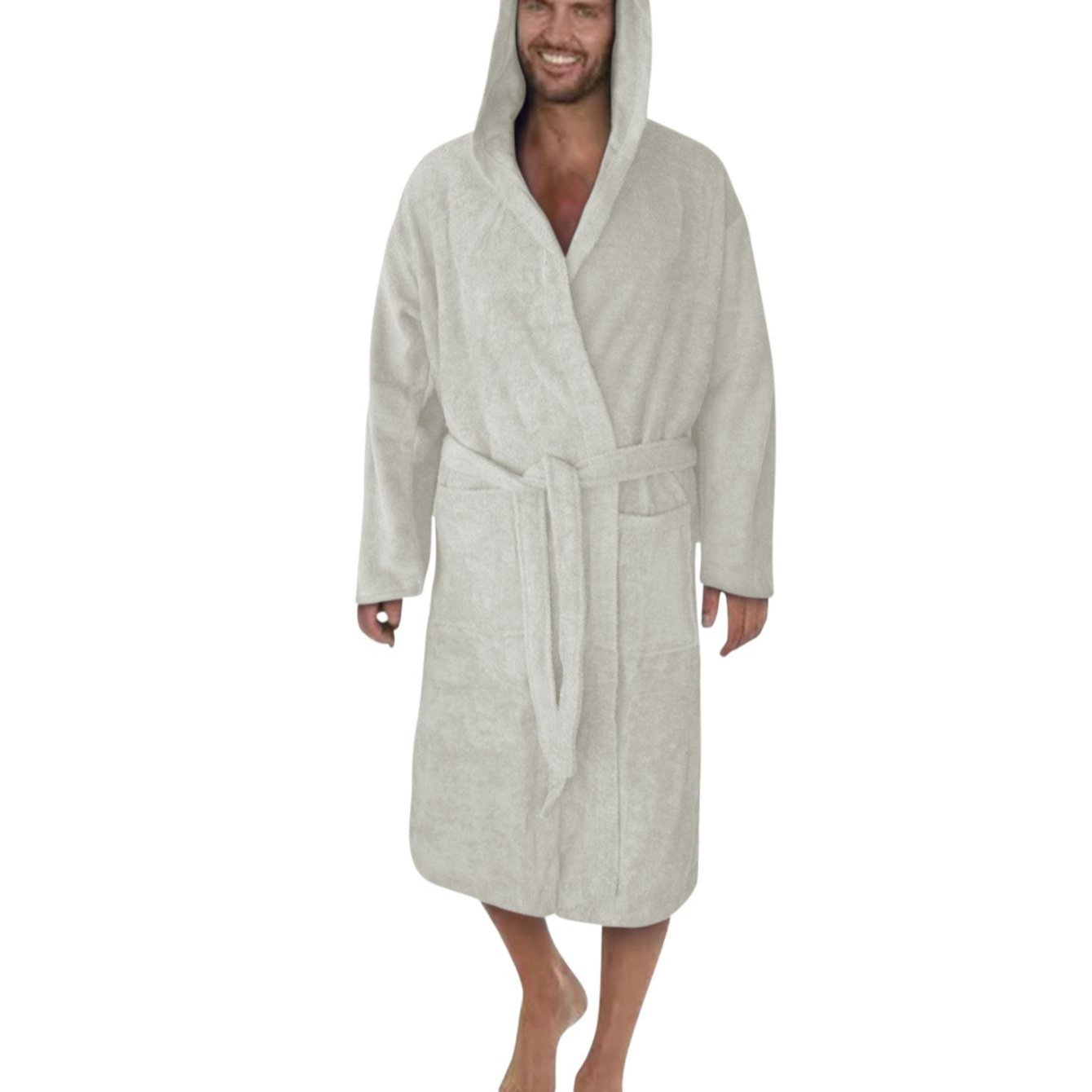Image of Men's Terry Bathrobe From The ""light Grey Long With Hood -1512