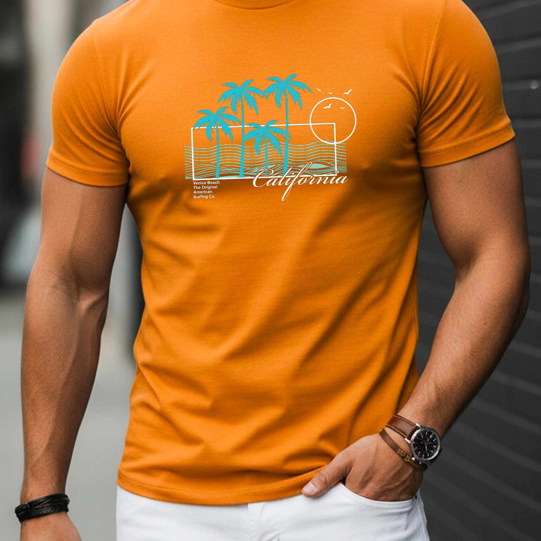 Image of Men's Printed T-shirt With California Palm Graphic, Short Sleeves, Round Neckline, Fitted Style, Casual Wear, Beach Surfing Print, Everyday Men's T-shirt, Holiday Pattern, Streetwear