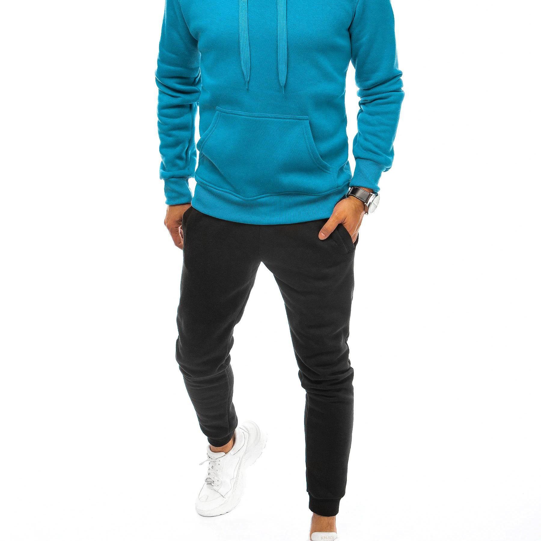Image of Men's Tracksuit Set: Blue Hooded Sweatshirt And Black Jogger Pants, Cotton Sportswear, Kangaroo Pocket, , Adjustable Waistband, Wear, Training, And Casual Styling, 0651