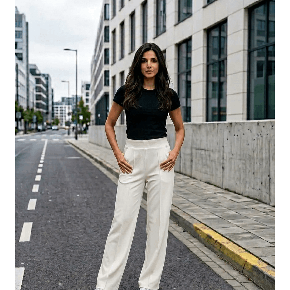 Image of Men's Straight-leg Fabric Trousers With Decorative – High Waist Casual Trousers With Pockets, Elastic Waistband, Comfortable Business & Everyday Trousers