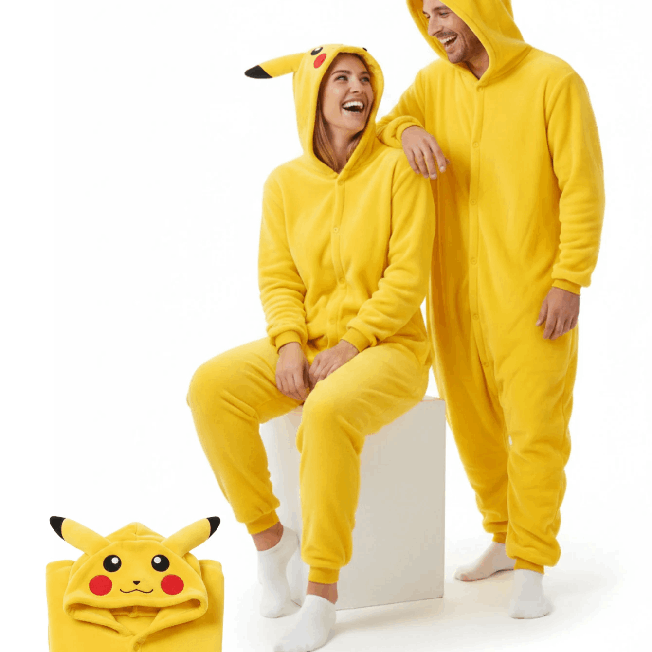 Image of Onesie Pokémon Pikachu Cosplay Plush Pajamas With Hood And Pockets, Unisex Adults, Autumn Winter, S-xxl (155-195cm) Nerd Hunters