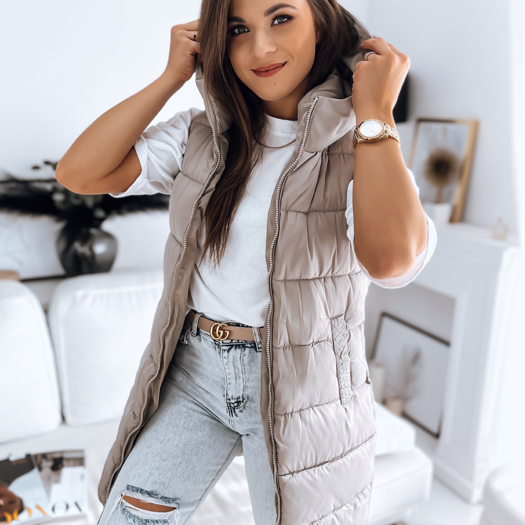 Women's Quilted Hooded Vest - Style, Insulated Sleeveless Jacket For Autumn-winter, Casual Sporty Elegant Design, Practical Everyday Wear, Comfortable Warm Vest With Pockets
