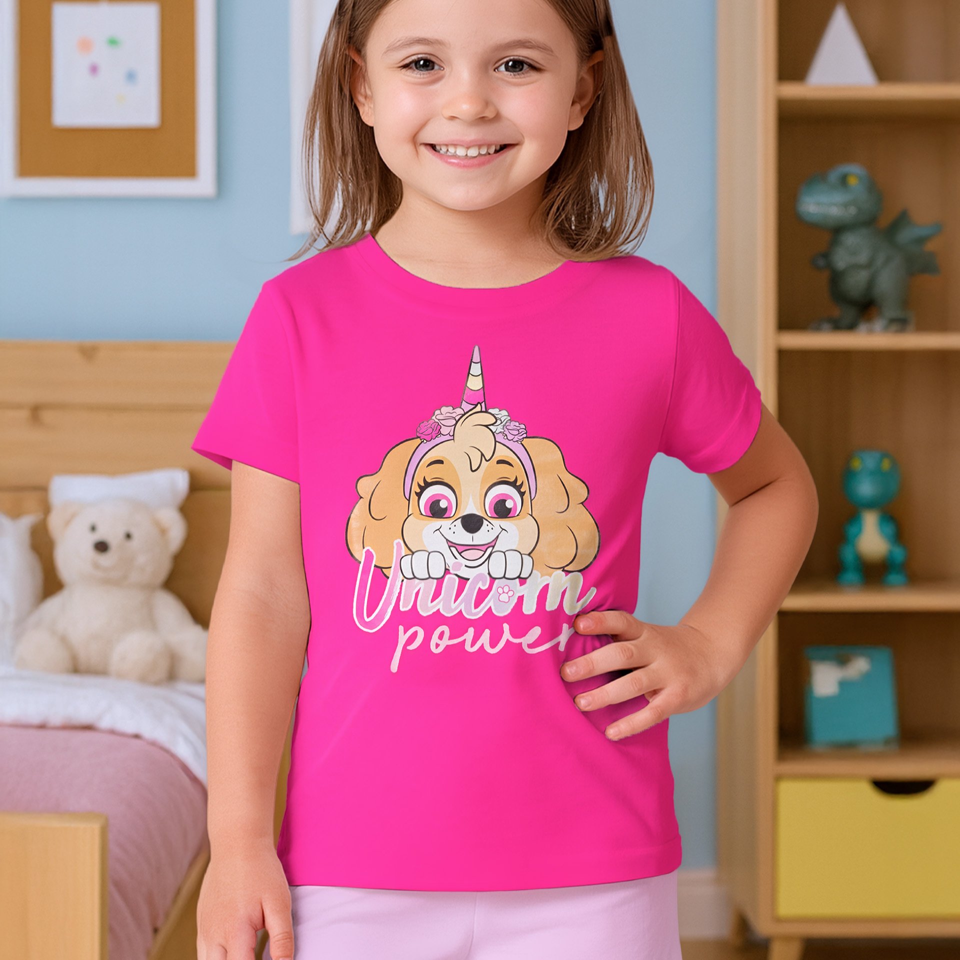 Image of Pajamas For Girls - Unicorn Power - Children's Short Sleeve Pyjama Set With Pants Pink/rosa