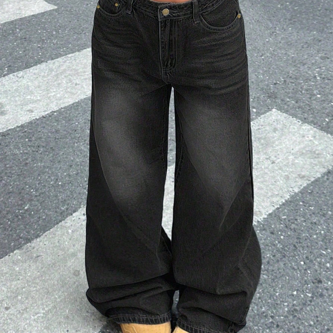 Image of Women's Baggy Wide Leg Jeans Y2k Pants Vintage Washed Denim Trousers Relaxed Fit Streetwear With Utility Pockets