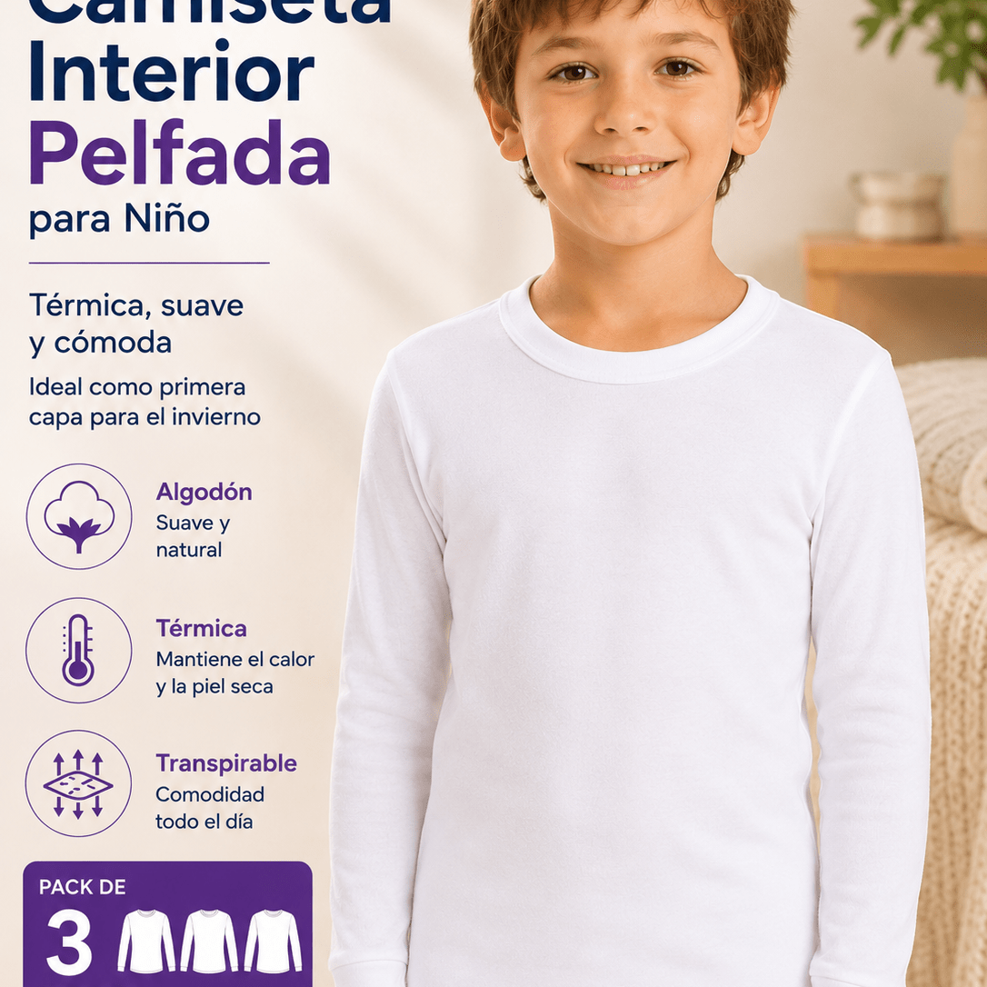 TEMU Pack 3 Camisetas Interiores Felpa Larga Niño Retención de Ideal Invierno Interior Afelpado Comodidad