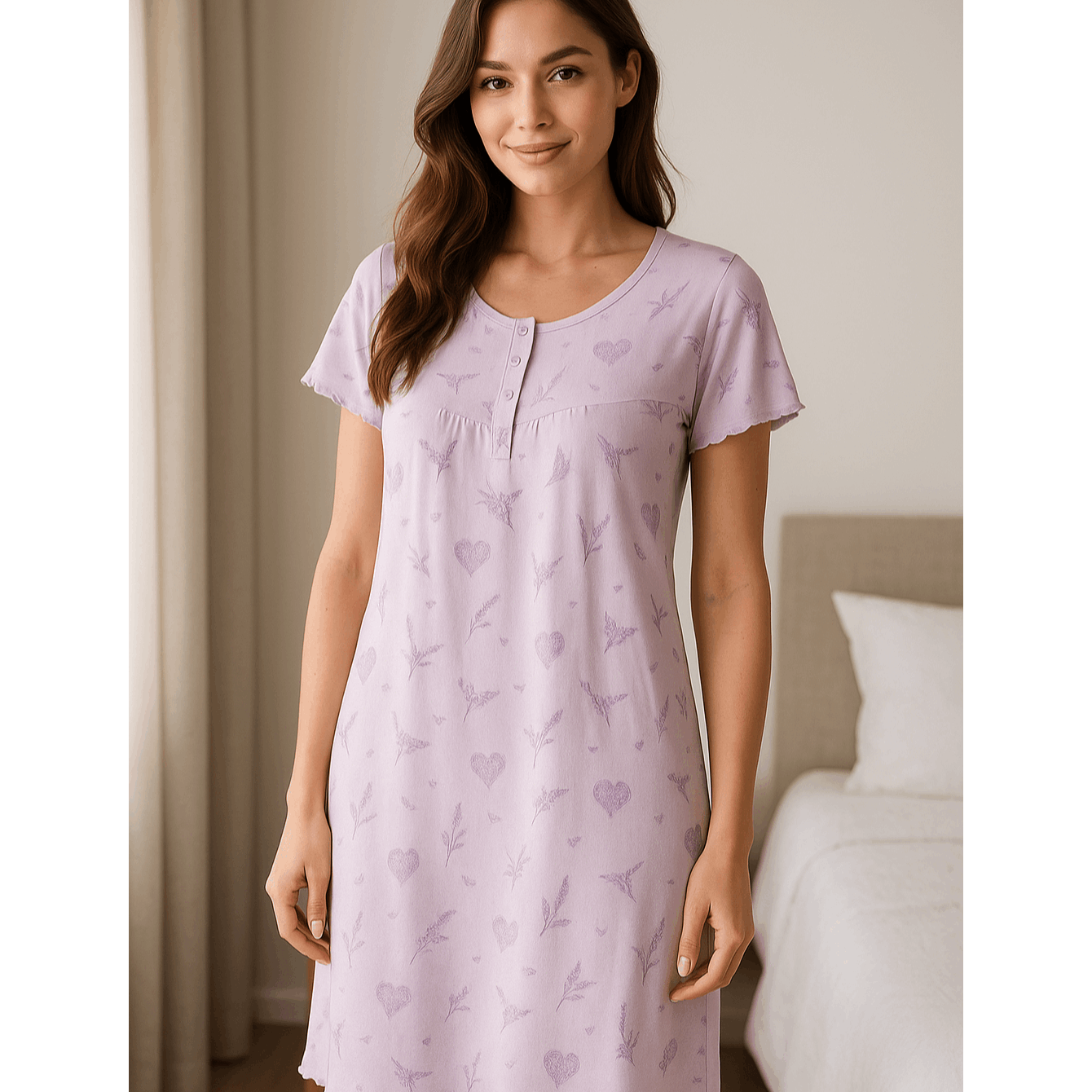 Image of Ladies Nightgown, Sleep Dress, Night Dress, Round Neckline With Button , 100%, Short Sleeve, Women's Night Dress