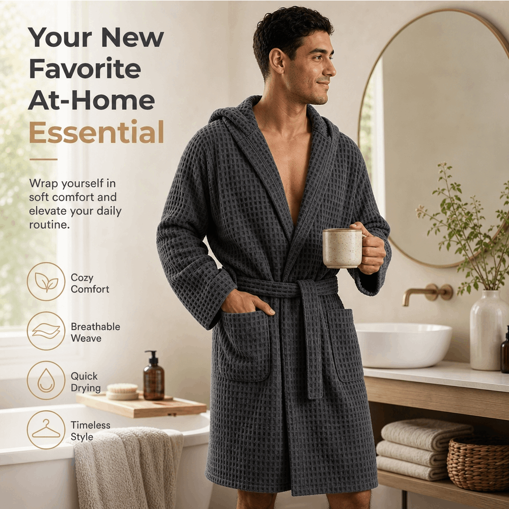 TEMU Accappatoio da bagno unisex con cappuccio in maglia waffle, accappatoio con cintura in vita e tasche nelle , vestaglia da rilassata a maniche