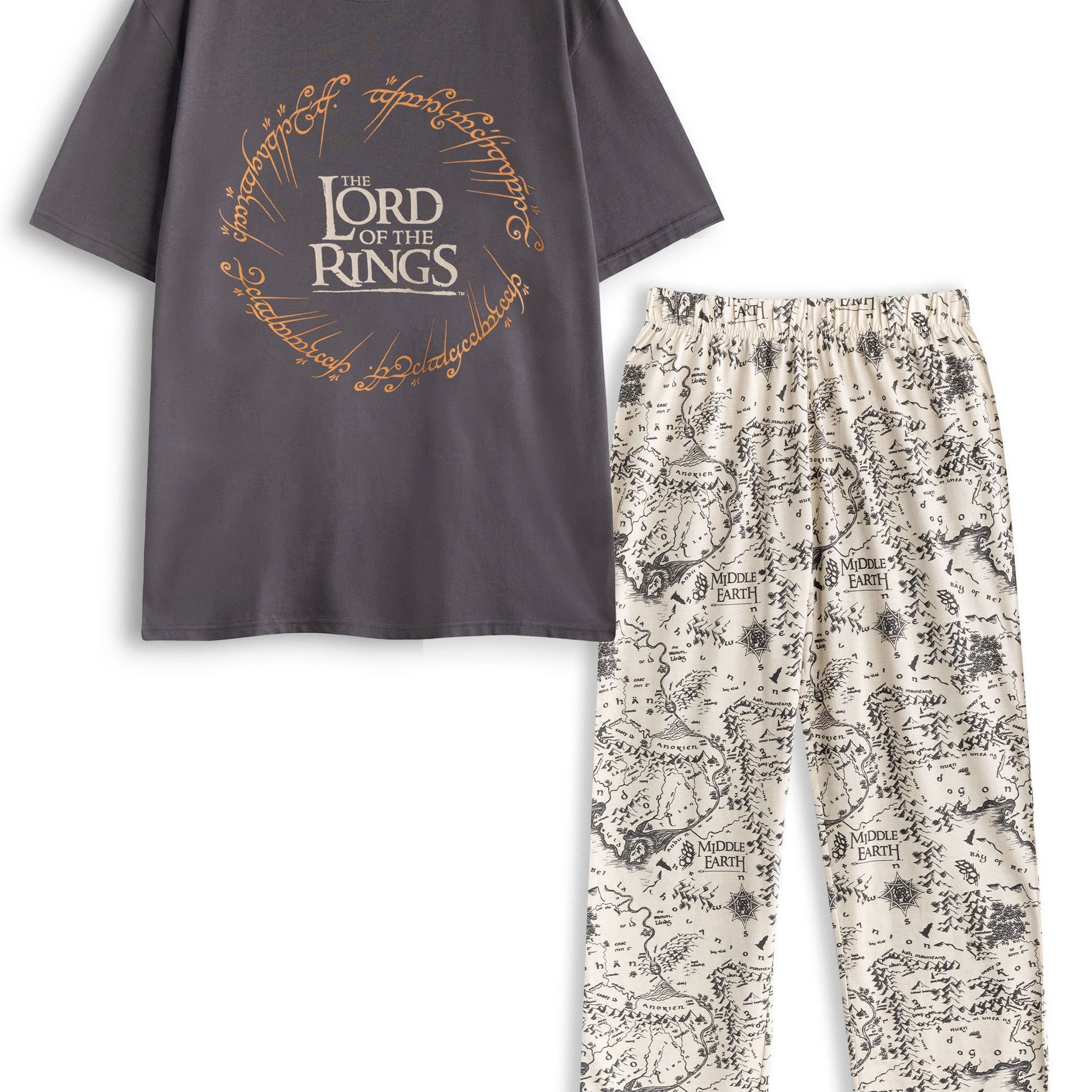 TEMU Vanilla Underground The Lord Of The Rings Men's Grey Sleepwear Set | Themed Crew Neck Short Sleeve Graphic Tee & Map Print Bottoms | Fantasy