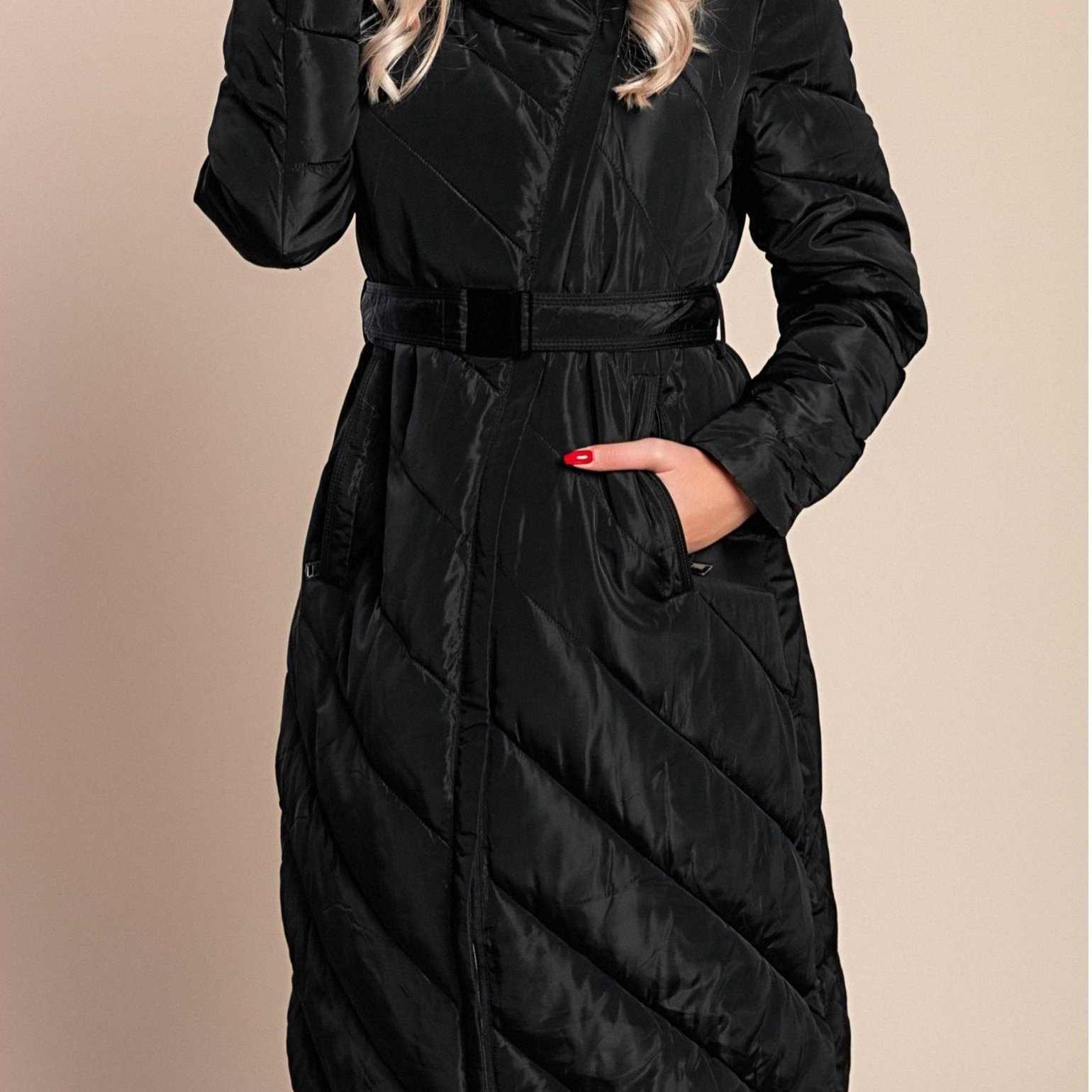 Long Quilted Black Coat With Hood & Belt – Warm Padded, Knee-length, Zip Front