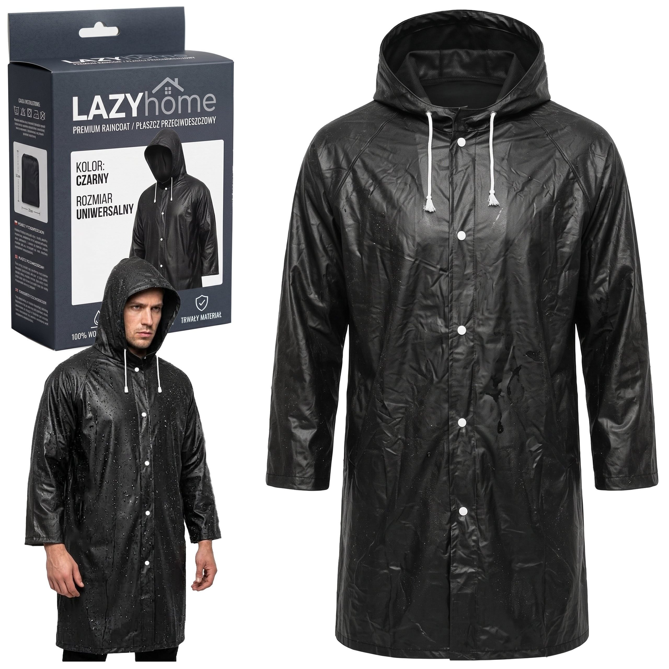 Image of Waterproof Unisex Black Raincoat With Hood For Men And Women, Long 115 Cm, Lightweight, Foldable, For Backpack, Bicycle, Tourism, Garden, Outdoor, Universal Size, Pvc