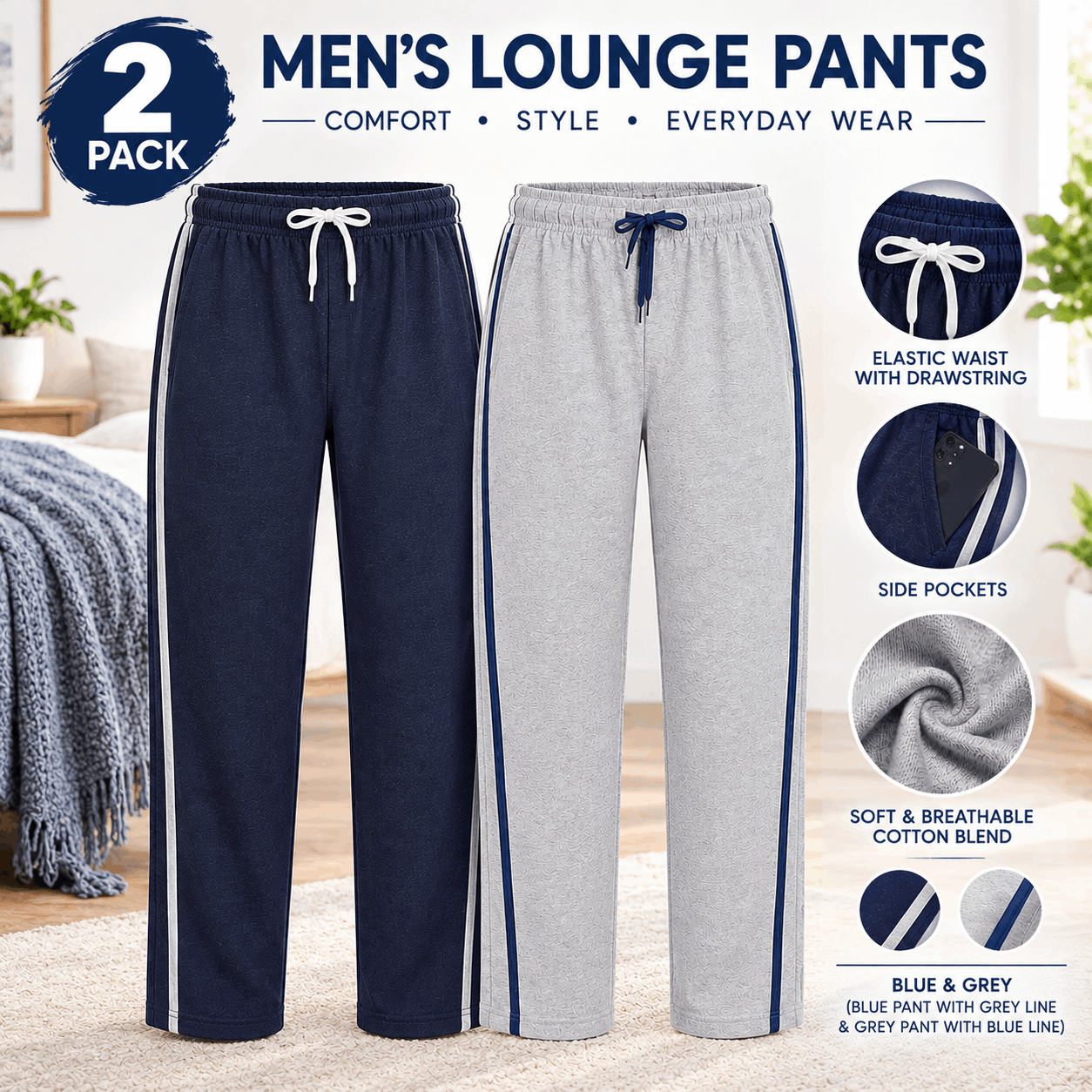 TEMU Men's 2 Pack Casual Lounge Trousers – Soft 100% Cotton Jogger Style Pants With Elasticated Drawstring Waist, Side Stripe Detail & Pockets, Soft