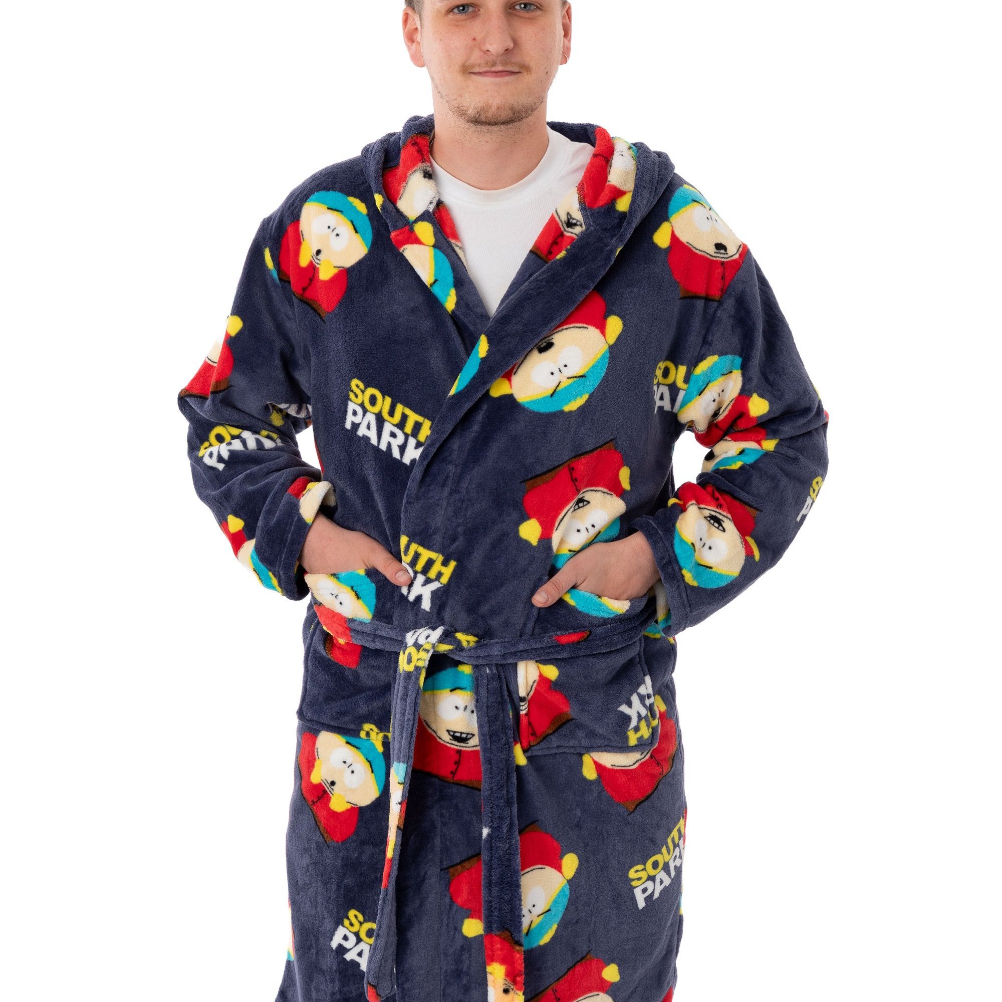 TEMU South Park Mens Hooded Bathrobe | Adults Cartman All Graphic Dressing Gown In Navy Blue | Cosy Fleece Loungewear Bathrobe | Funny Nightwear