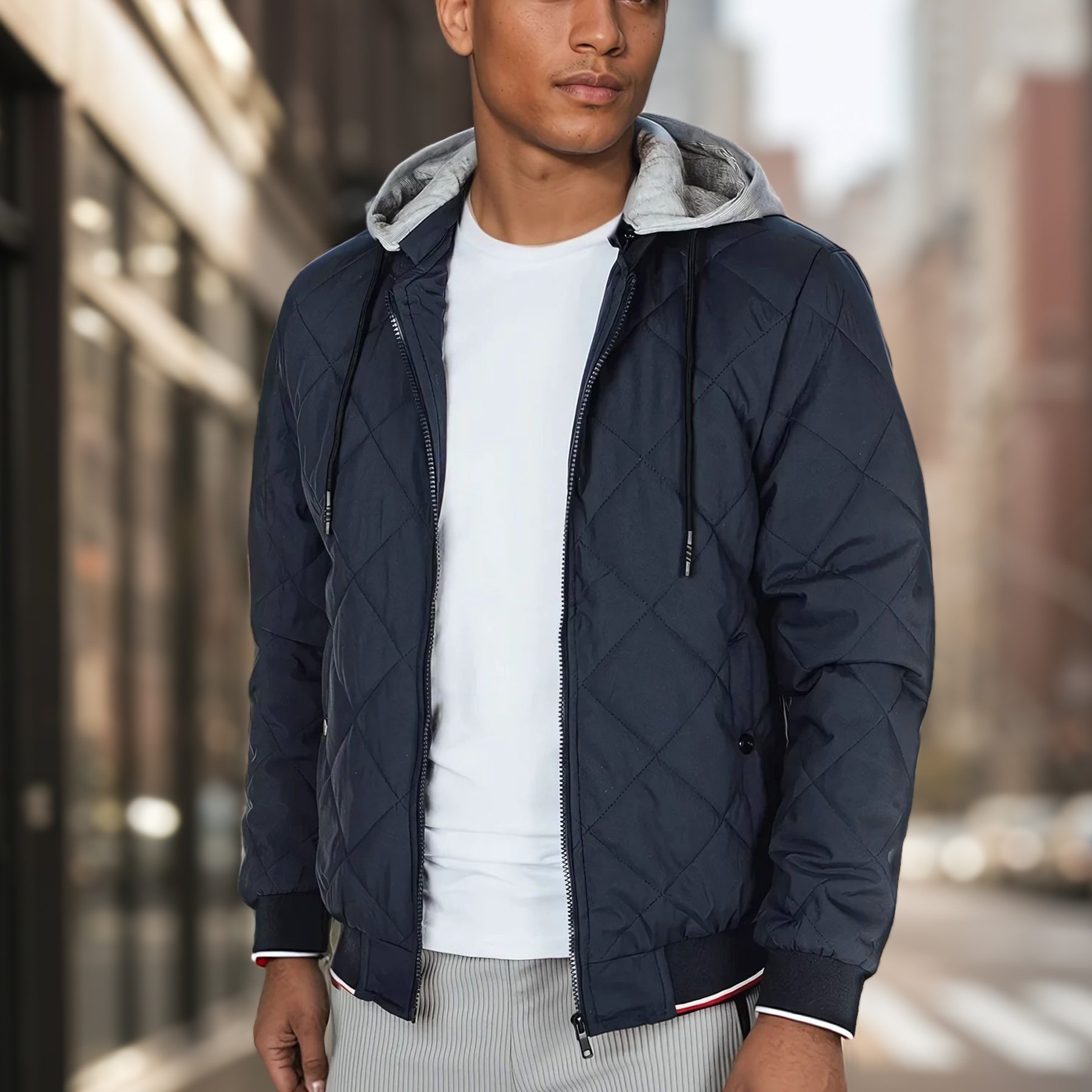 Men's Quilted Blue Jacket With A Detachable Hood, Zippered Closure, Sporty Design, 2 Outer Pockets, 1 Inner Pocket, Lightweight Padding, Perfect For Spring And Autumn, 5012