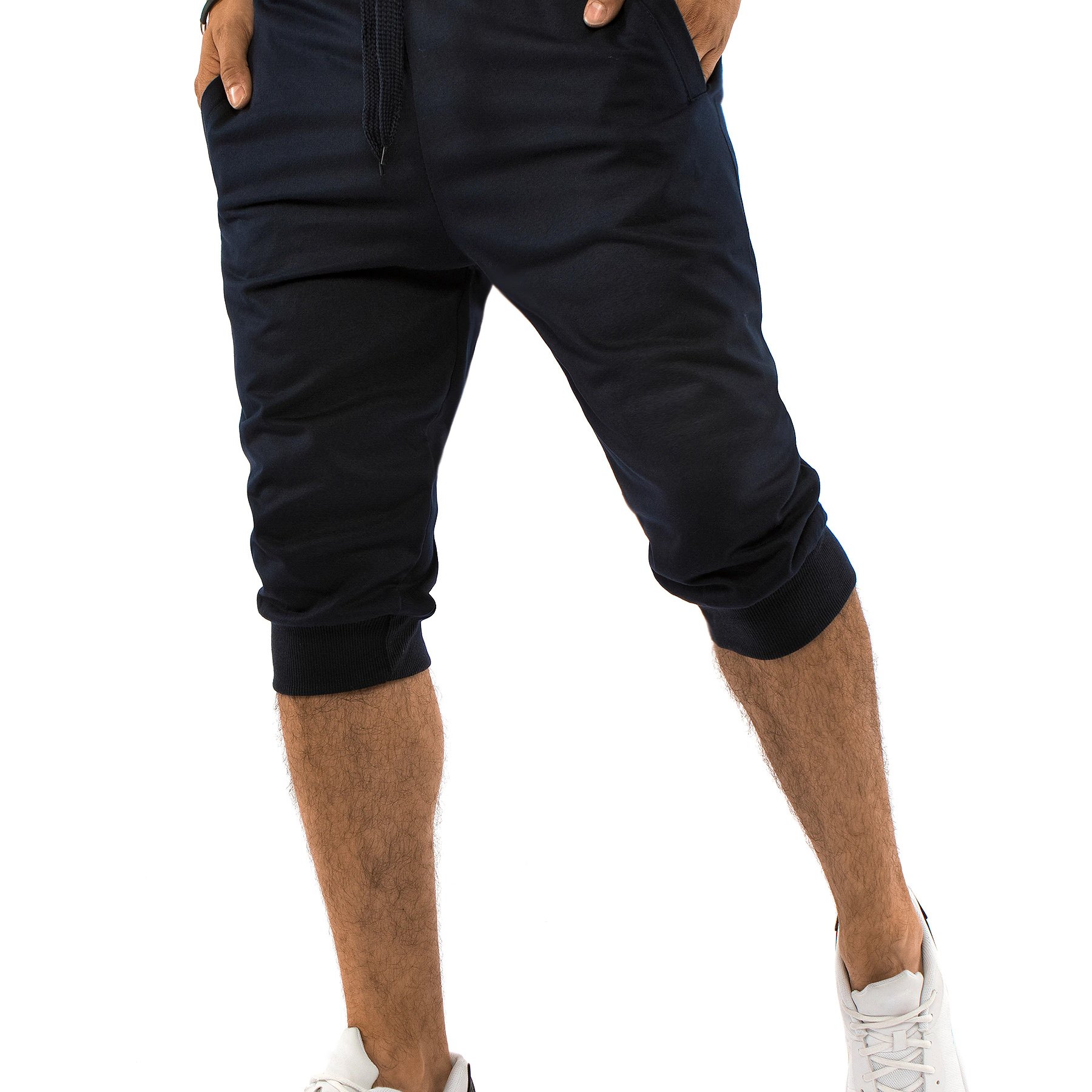 Image of Men's Navy Sweatpants, Short Sport Pants With An Elastic Waistband, Drawstring For Adjustment, Side Pockets, Comfortable Casual Summer Pants, Soft Material Perfect For Training And Everyday Wear, 1536