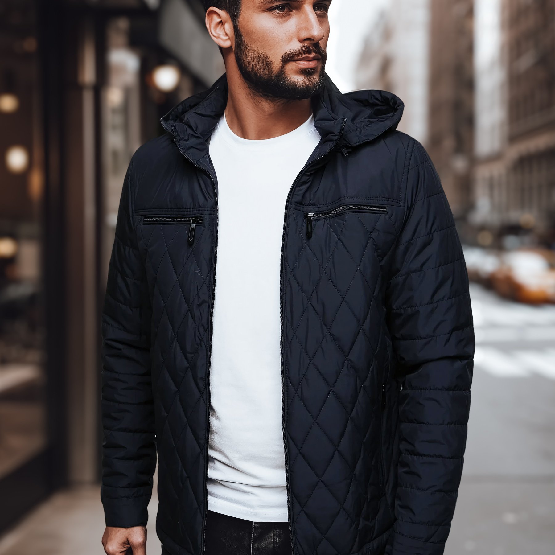 Men's Quilted Jacket With Hood, Elegant And Lightweight Jacket For Spring And Fall, Featuring Detachable Hood And Functional Pockets, Stylish Windproof Men's Jacket, And Urban Styling