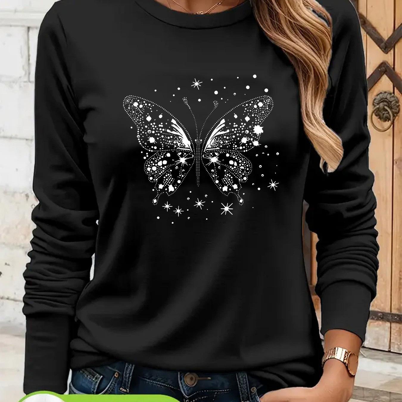 TEMU Camiseta de larga 100% para mujer, con un diseño transpirable y con estampados de mariposas y estrellas
