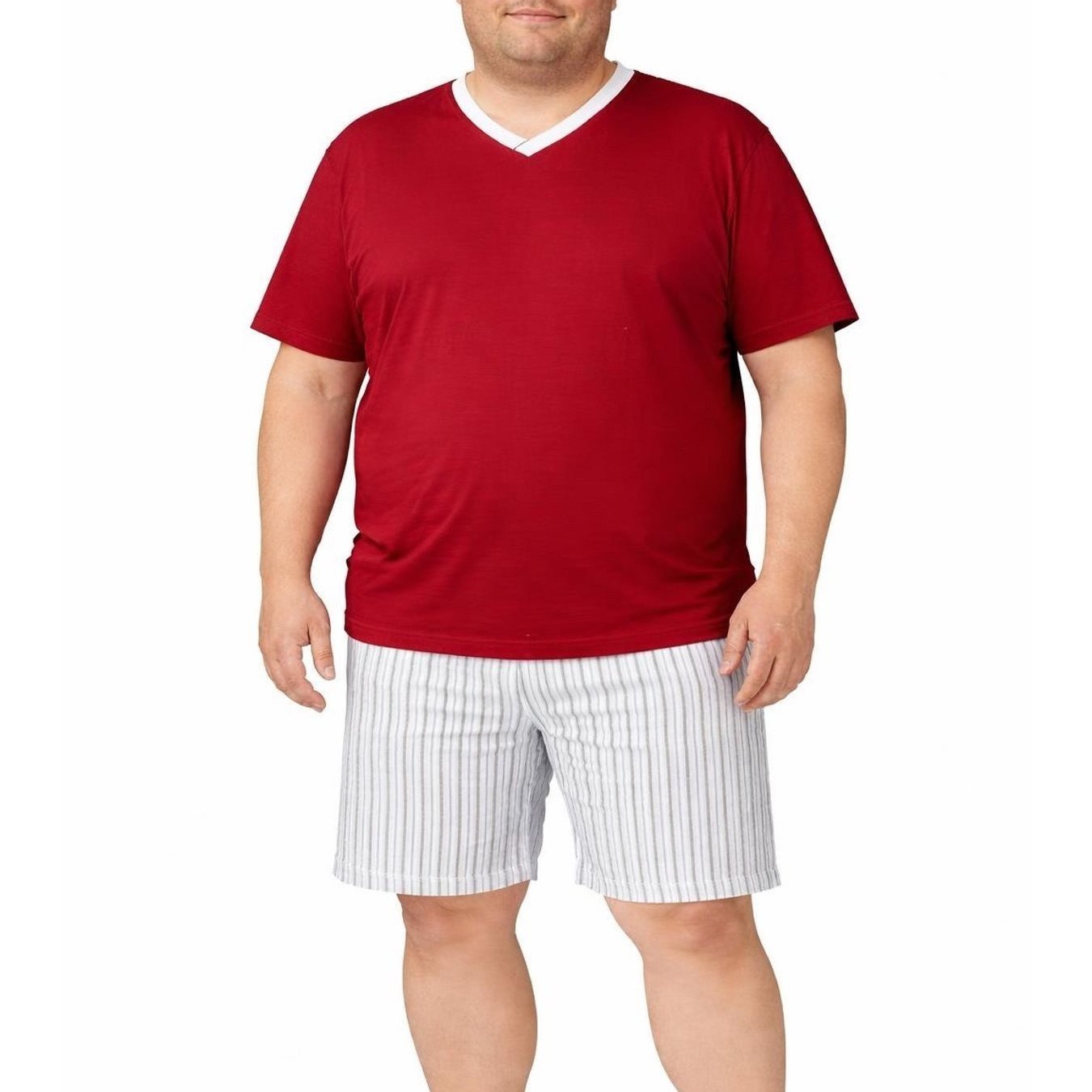 Image of Men's Plus-size Pajama Set, Crew Neck, Short Sleeve, Light Stretch, Cotton, Machine Washable, Casual Pajama Set, Leisure Sleepwear Outfit, Men's Fashion, , Size 3xl