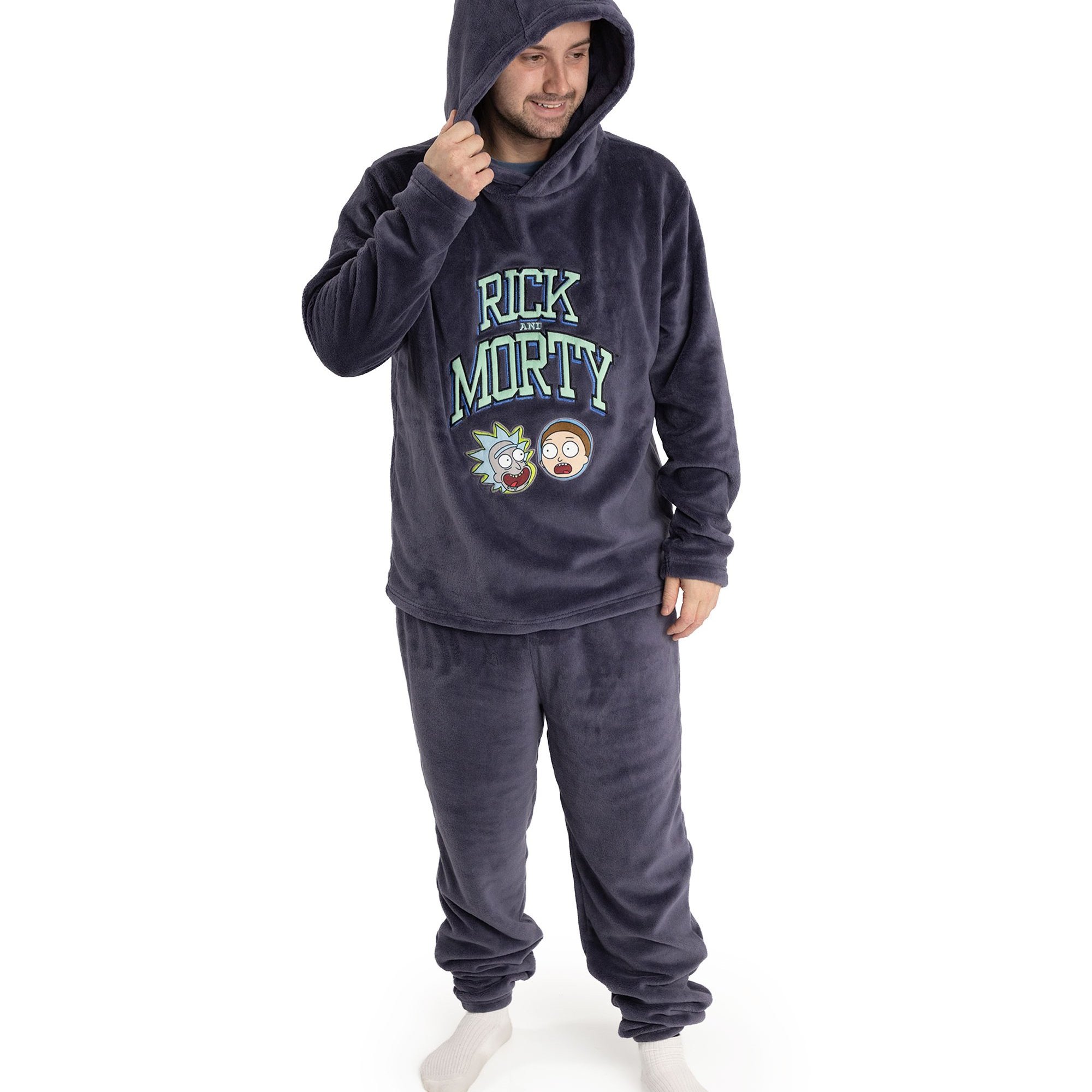 TEMU Rick And Morty Men's Long Sleeve Long Leg Pyjama Set | Dark Blue Cosy Fleece Sleepwear With Rick And Morty Text | Classic Television Shows