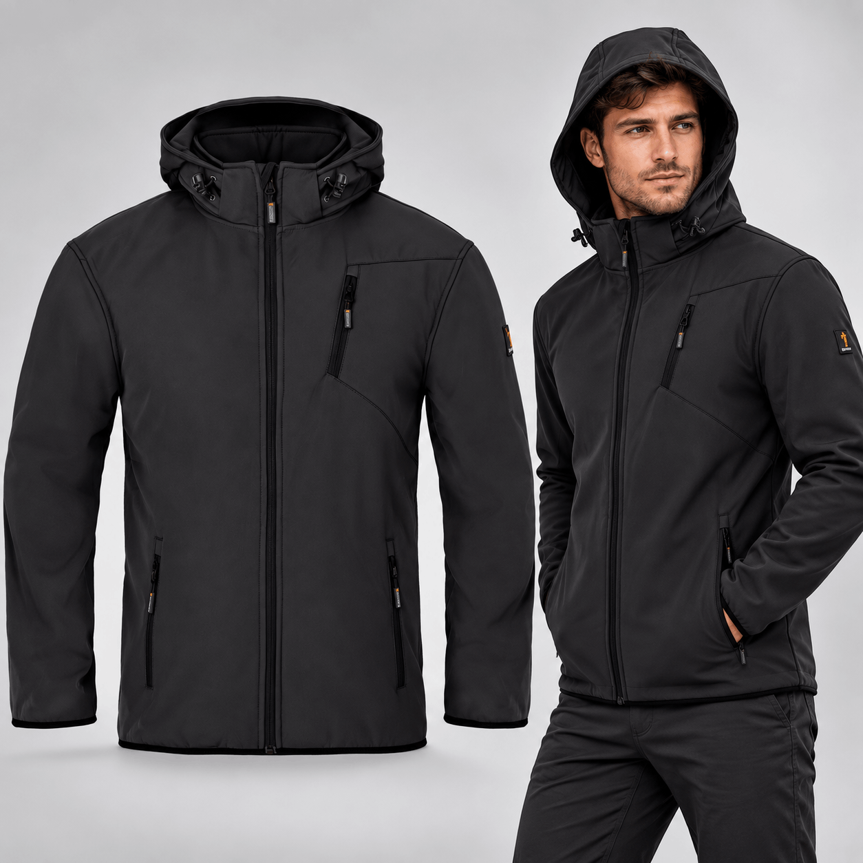 Image of Tundra Men's Softshell Jacket With Fleece Lining, Windproof, Detachable Hood, 3 Zip Pockets, For Everyday, City And Leisure