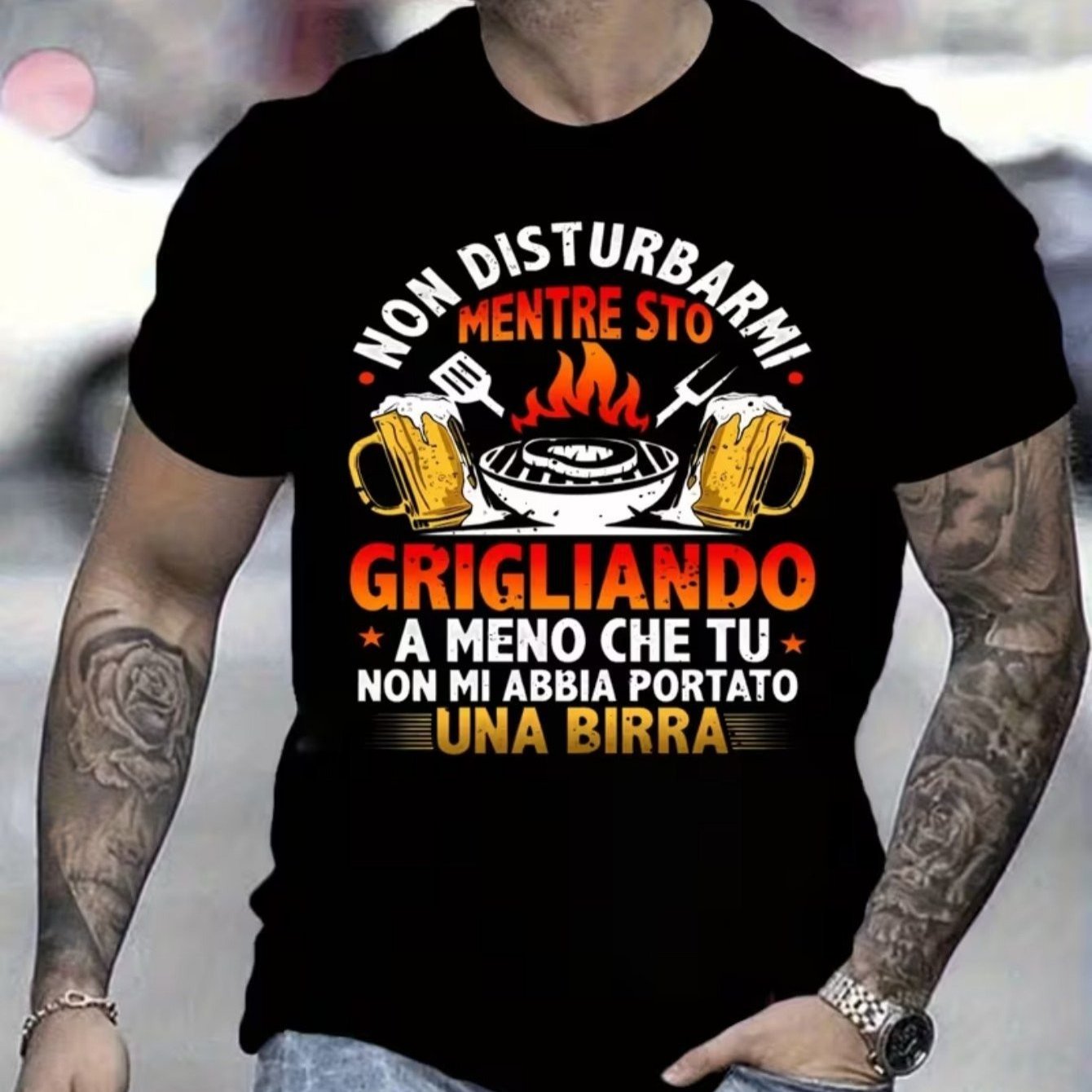 TEMU Maglietta divertente per barbecue con sulla birra italiana e stampa sul retro con lo slogan "Non-Disturb-B-B-Q" - una perfetta maglietta casual