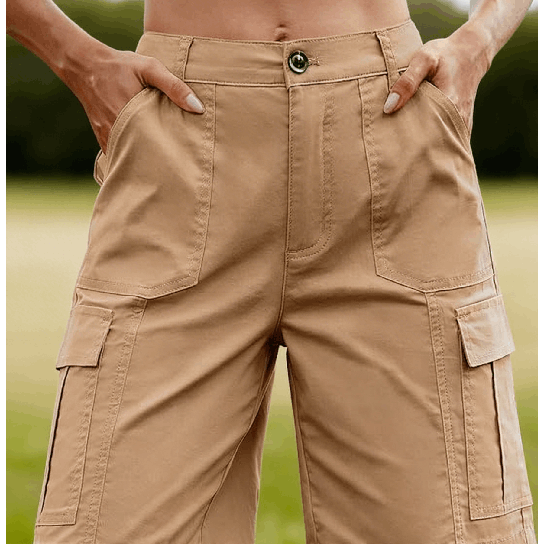 Image of Short Pants Women Summer Bermuda Cargo Jeans Shortshigh Waist With Elastic Waistband And 6 Pockets Camping, Leisure, Outdoor Activities, Travel, Hiking
