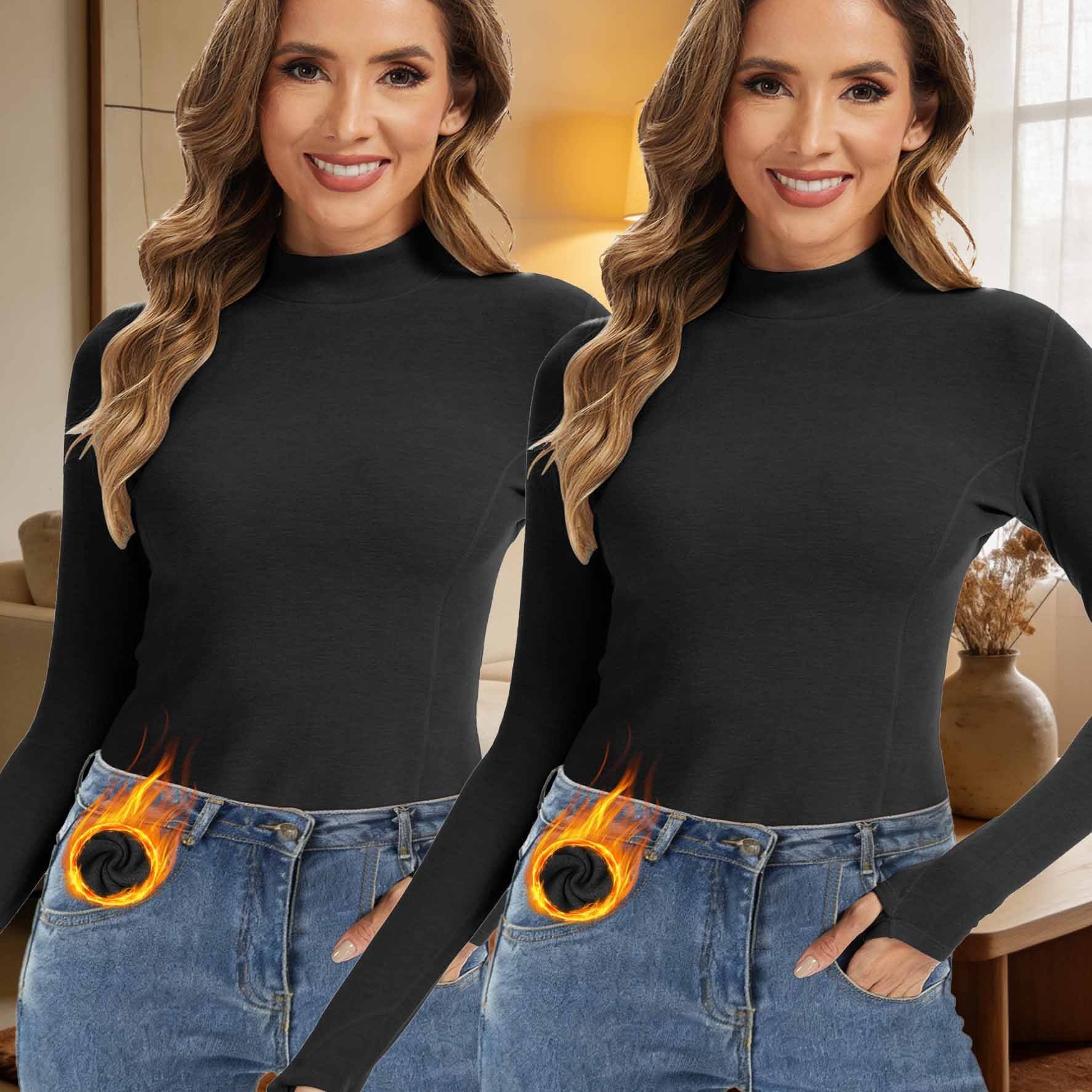 Image of 2-pack Thermal Top Women's Fleece Pullover Thermal Shirt Long Sleeve Warm Thermal Under Shirt Padded Long Sleeve Shirt Slim Fit Basic Tops Outerwear Indoors In Winter