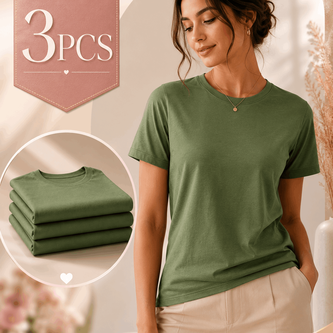 TEMU Women's 3-piece Olive -shirt Set, Basic Short-sleeve Crew Neck Tees, Solid Color Casual Tops For Everyday Wear, Lightweight And Versatile Summer