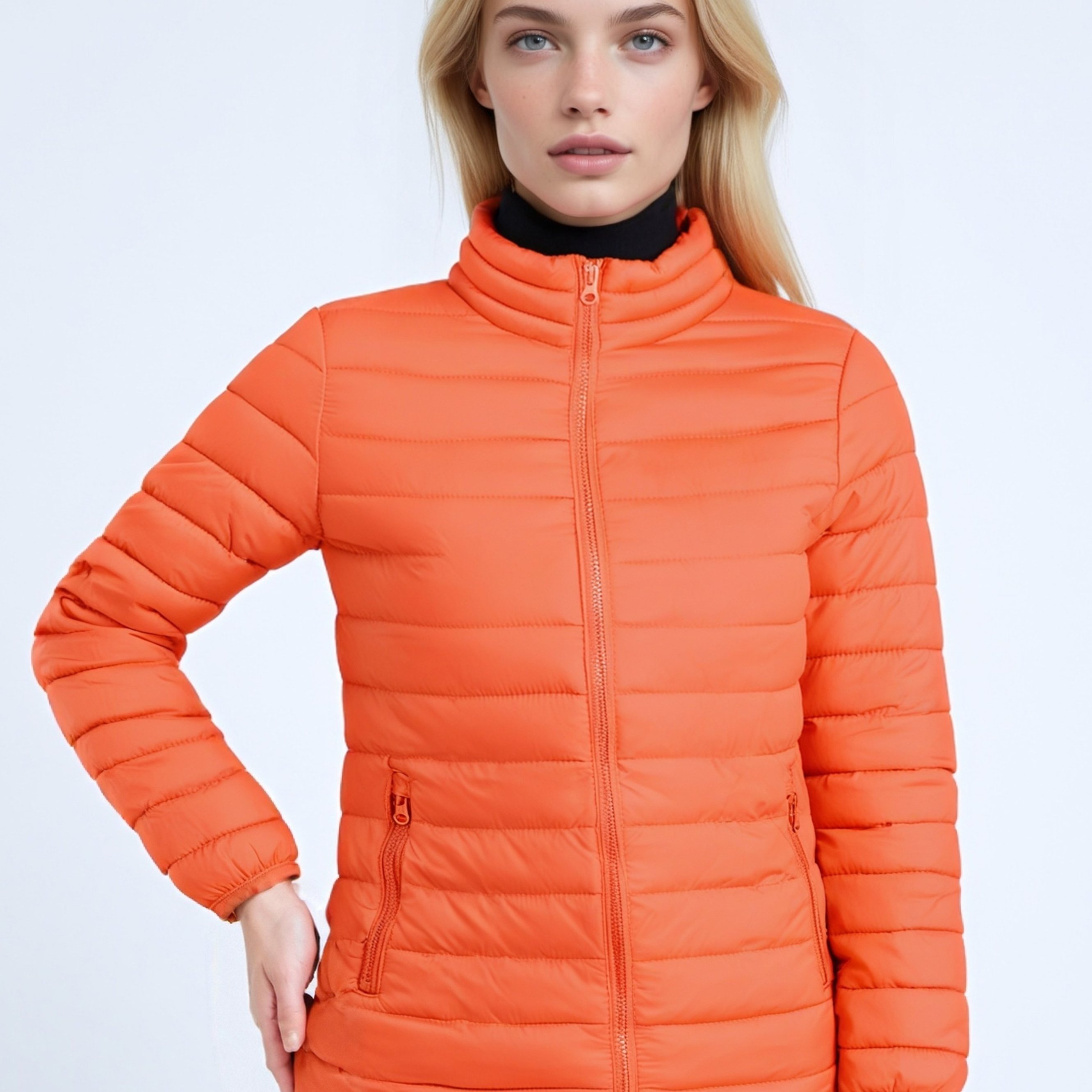 A Women's Jacket With A High Collar, Zip-up, With Pockets, Insulated Jacket For Cooler Days.
